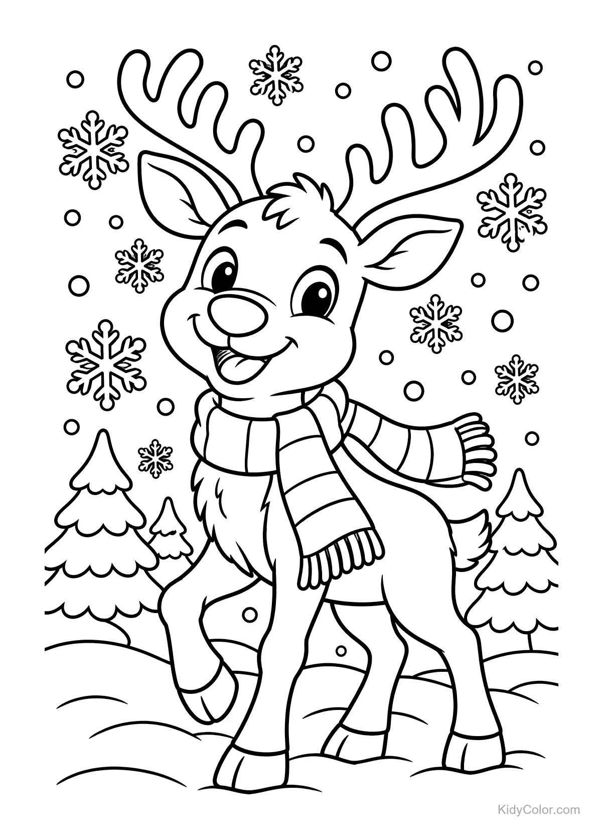 Happy reindeer wearing a scarf stands among snowflakes and trees.