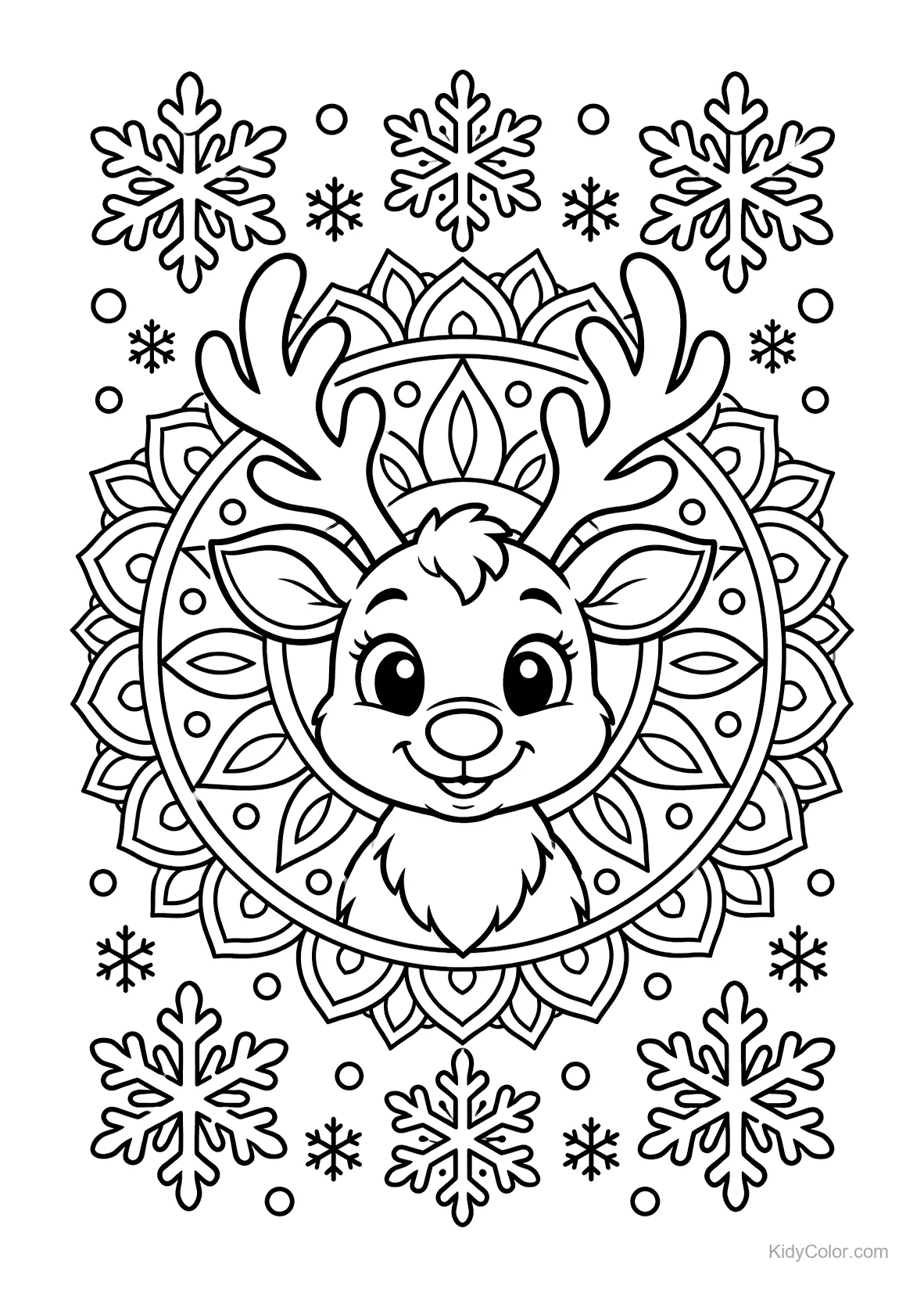 Rena alegre cercada por mandala de flocos de neve.