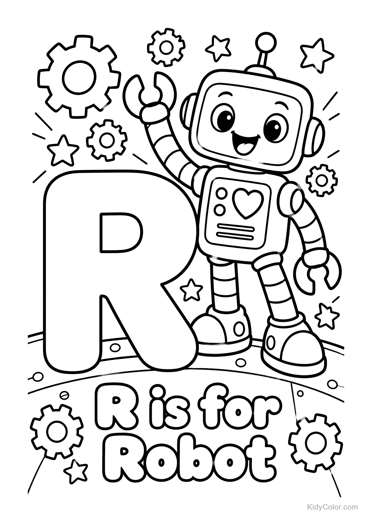 Cheerful robot with gears and large letter R.