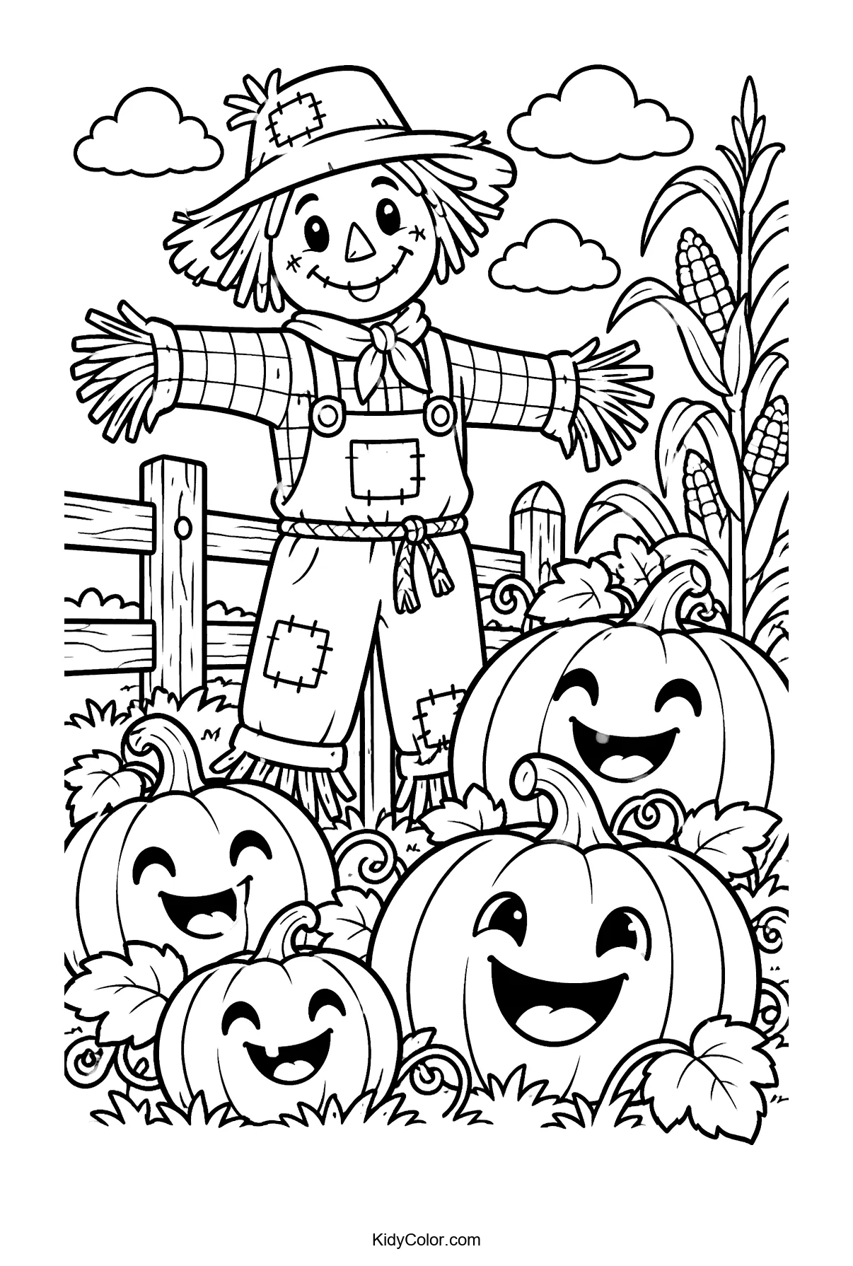 Cheerful scarecrow stands among smiling pumpkins in a patch.