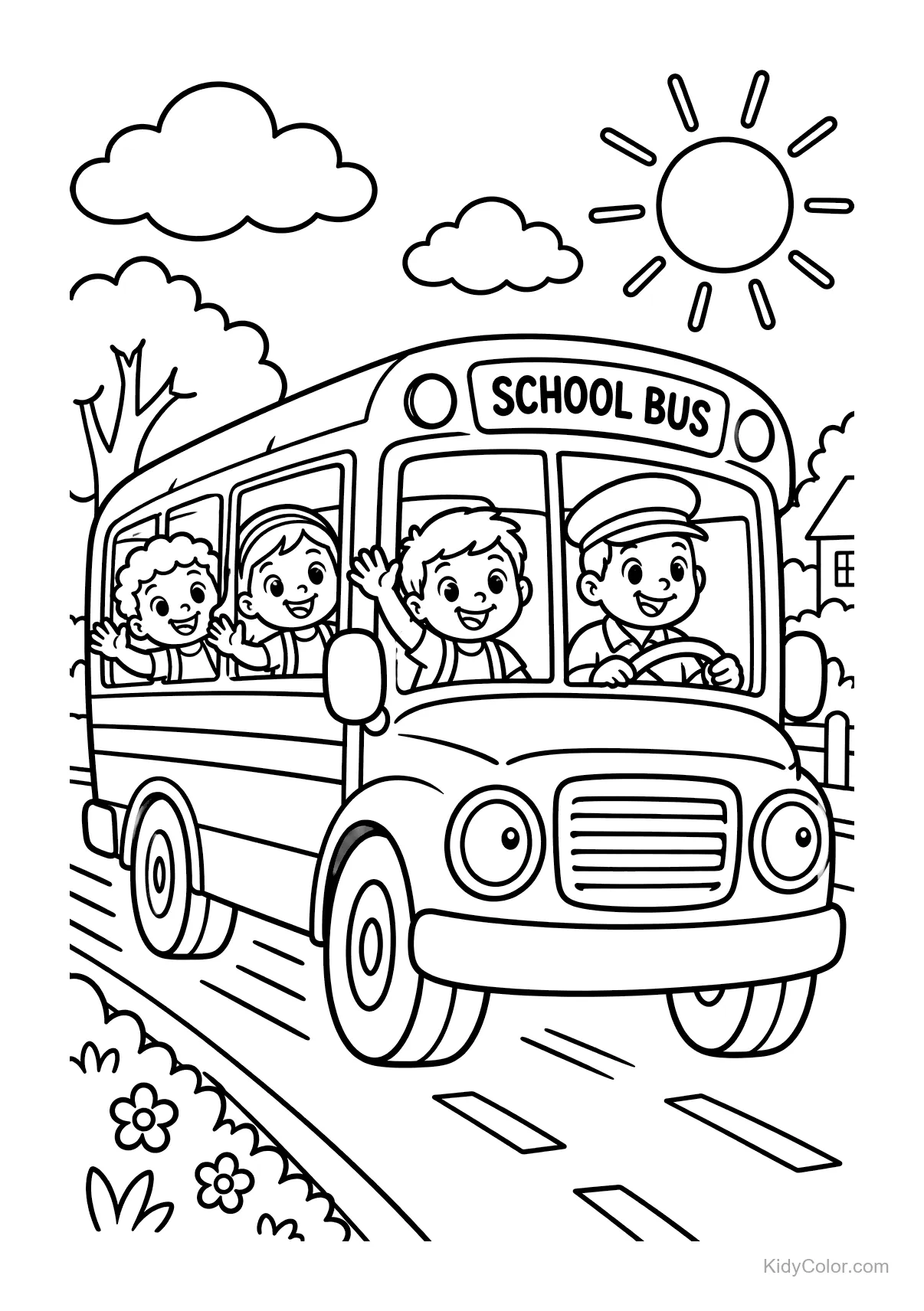 School bus with children inside, driving on a sunny day.