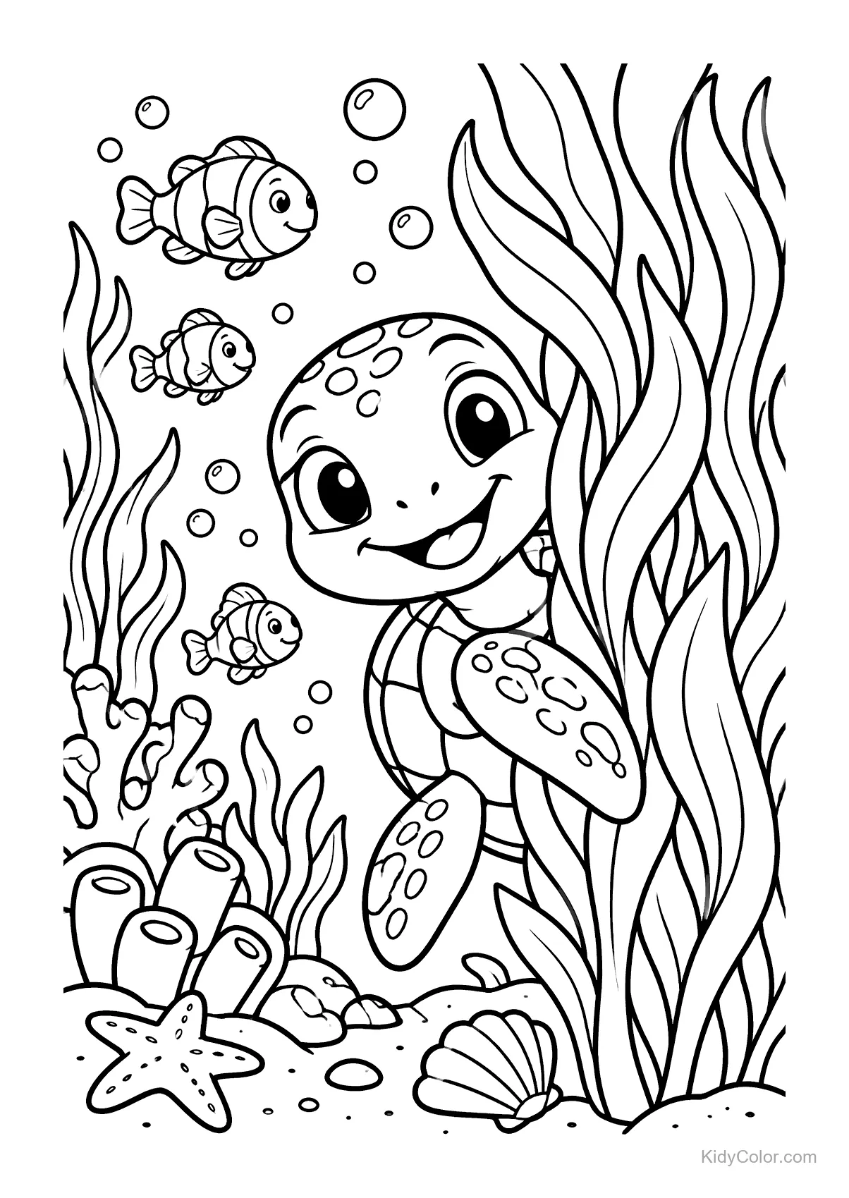 A cheerful sea turtle peeking from behind seaweed, with fish around.