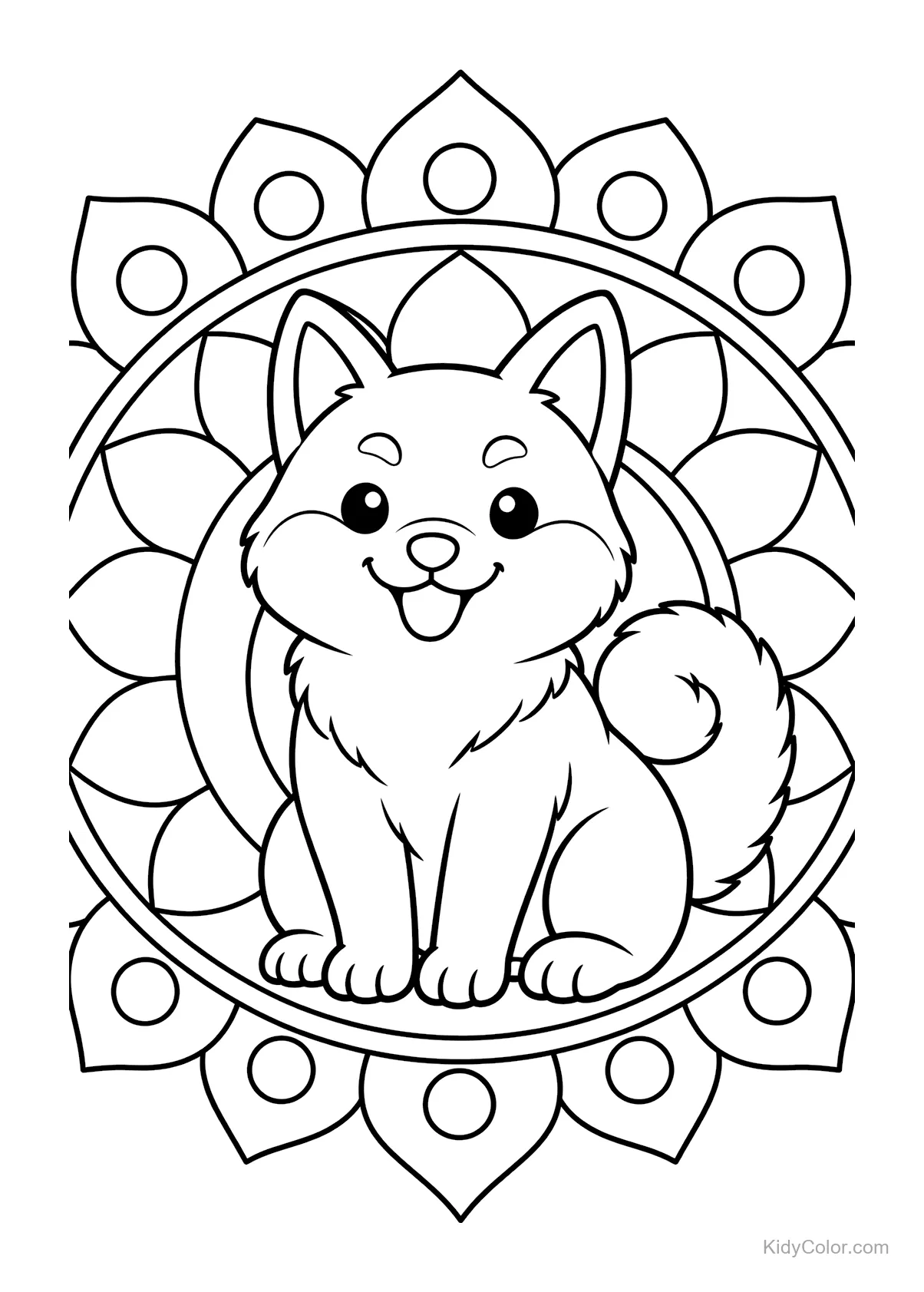 Shiba inu hond zittend voor een mandala ontwerp.