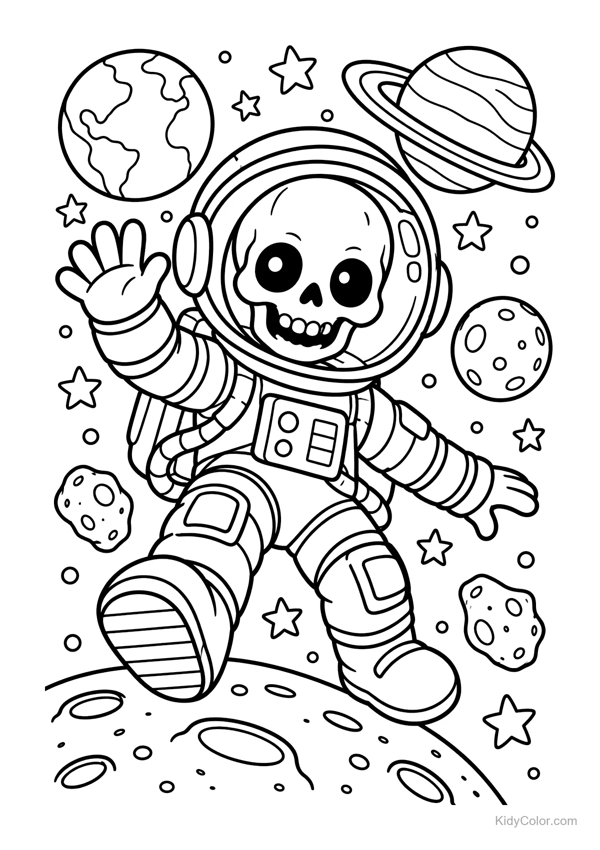 Esqueleto astronauta alegre en el espacio con planetas y estrellas.