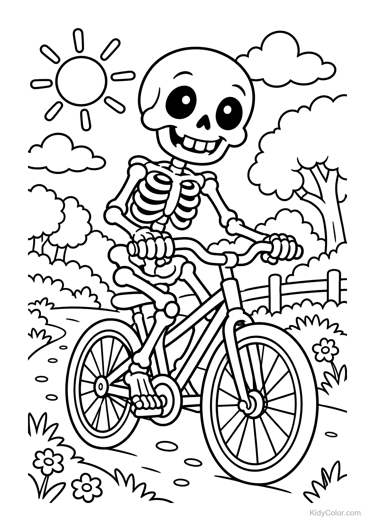 Fröhliches Skelett fährt Fahrrad in sonniger Landschaft.