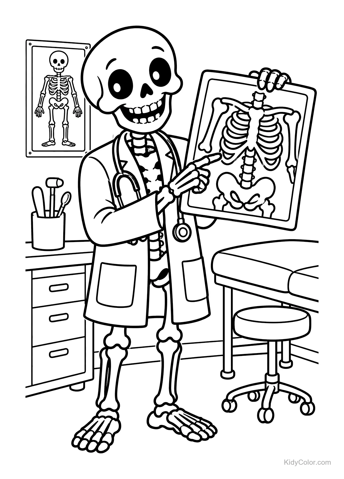 Esqueleto doctor sosteniendo una radiografía en una oficina.