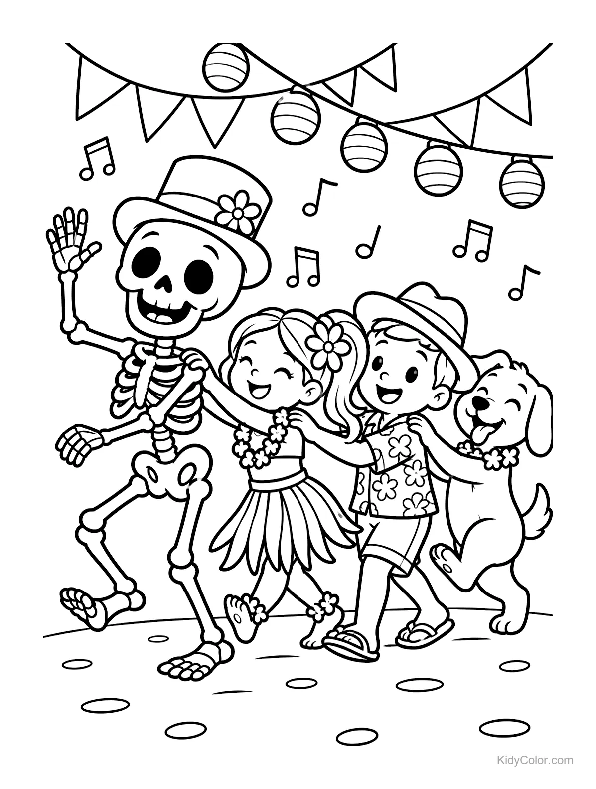 Esqueleto y niños bailan en un desfile con un perro y decoraciones.