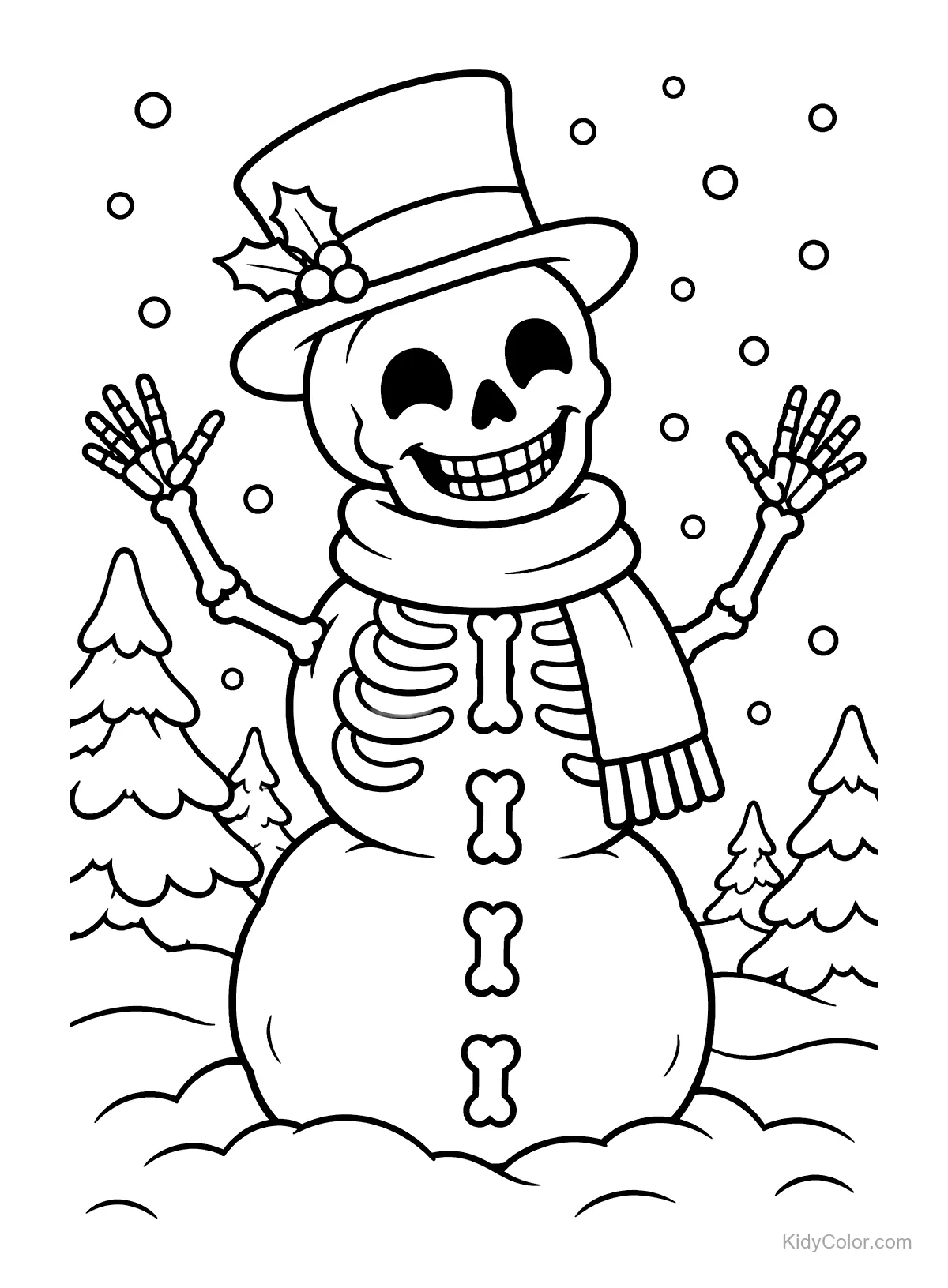 Muñeco de nieve esqueleto con sombrero y bufanda en un bosque nevado.