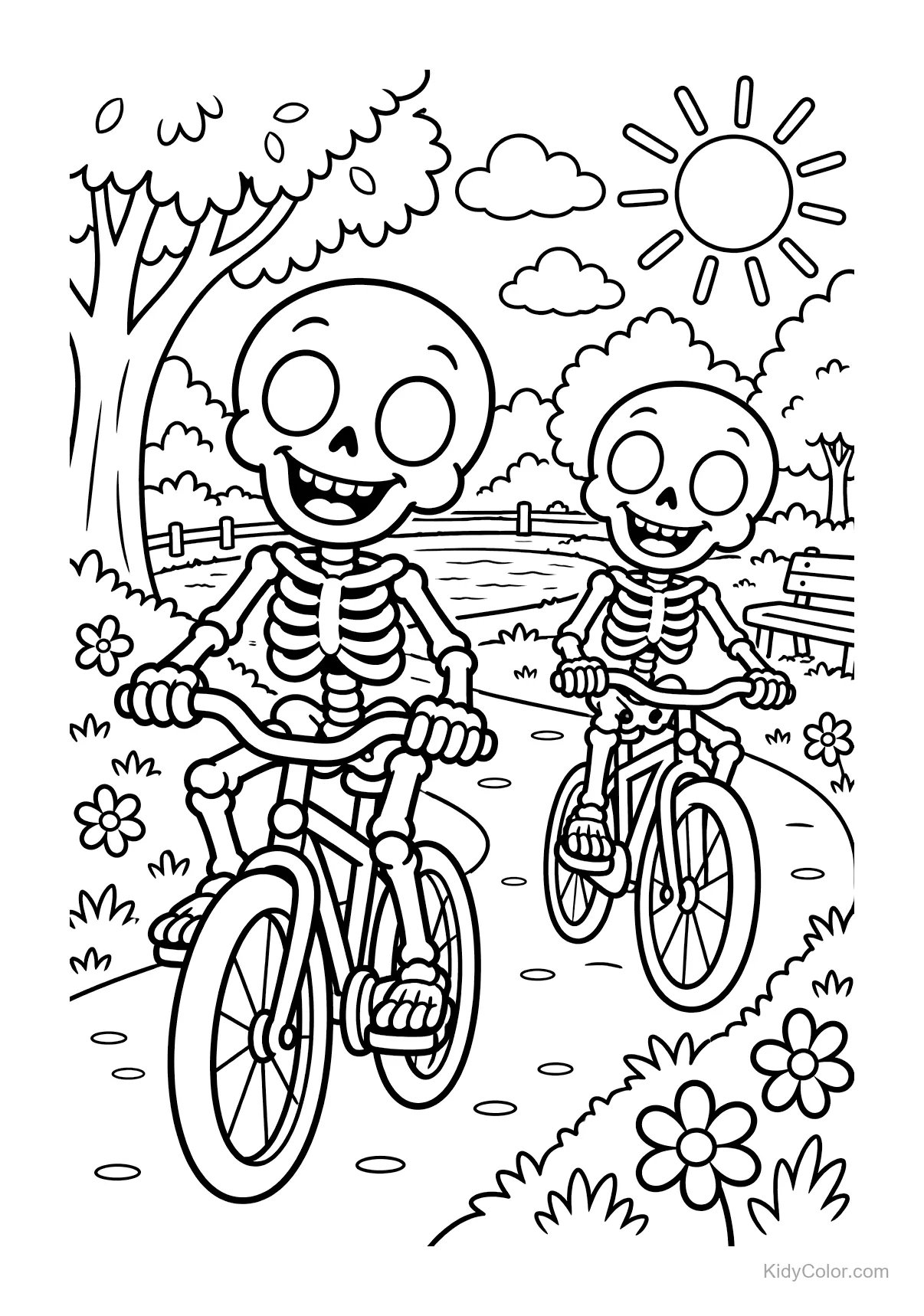 Due scheletri allegri in bicicletta su un sentiero nel parco sotto il sole.