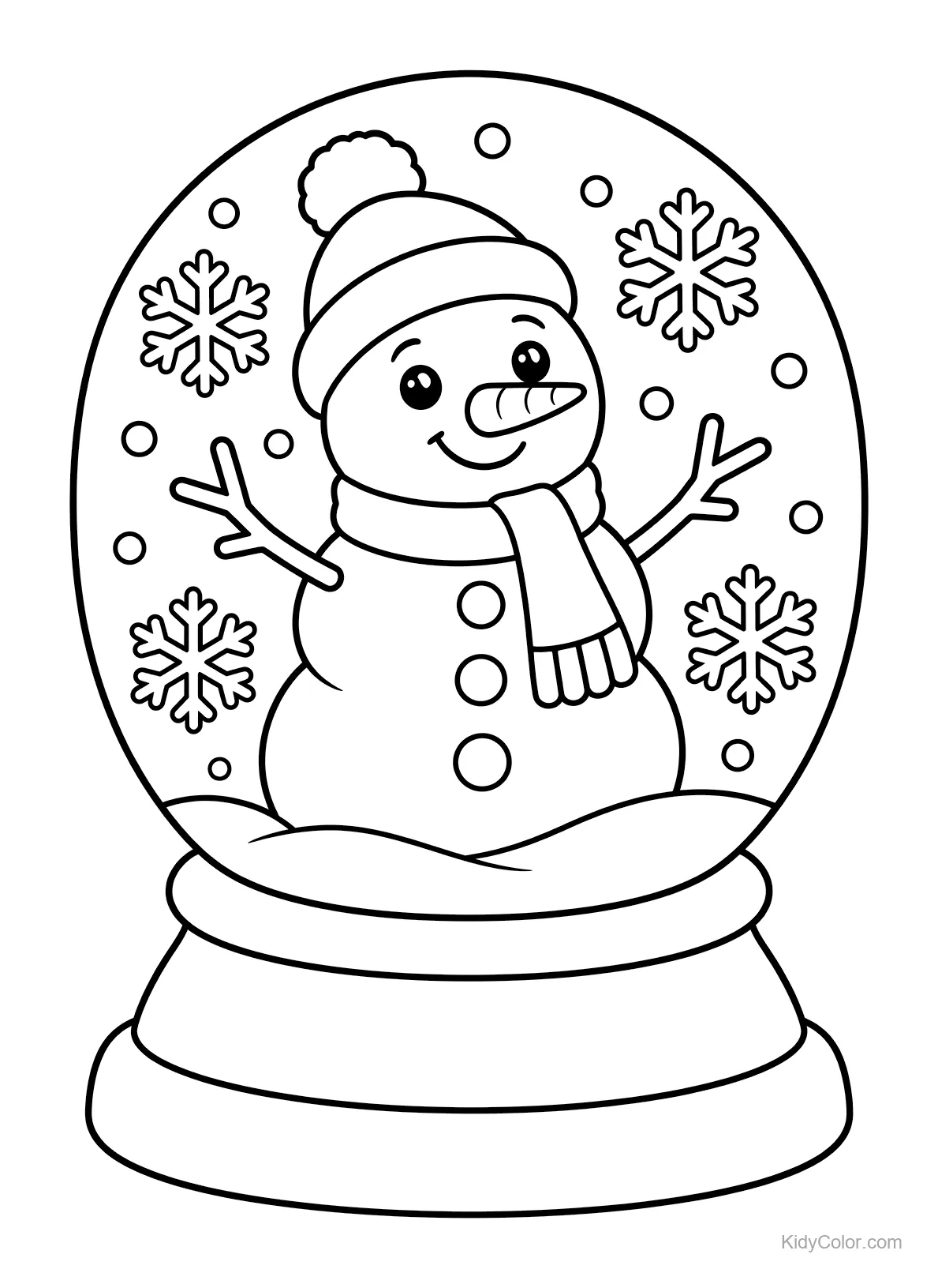 A cheerful snowman inside a snow globe with snowflakes.