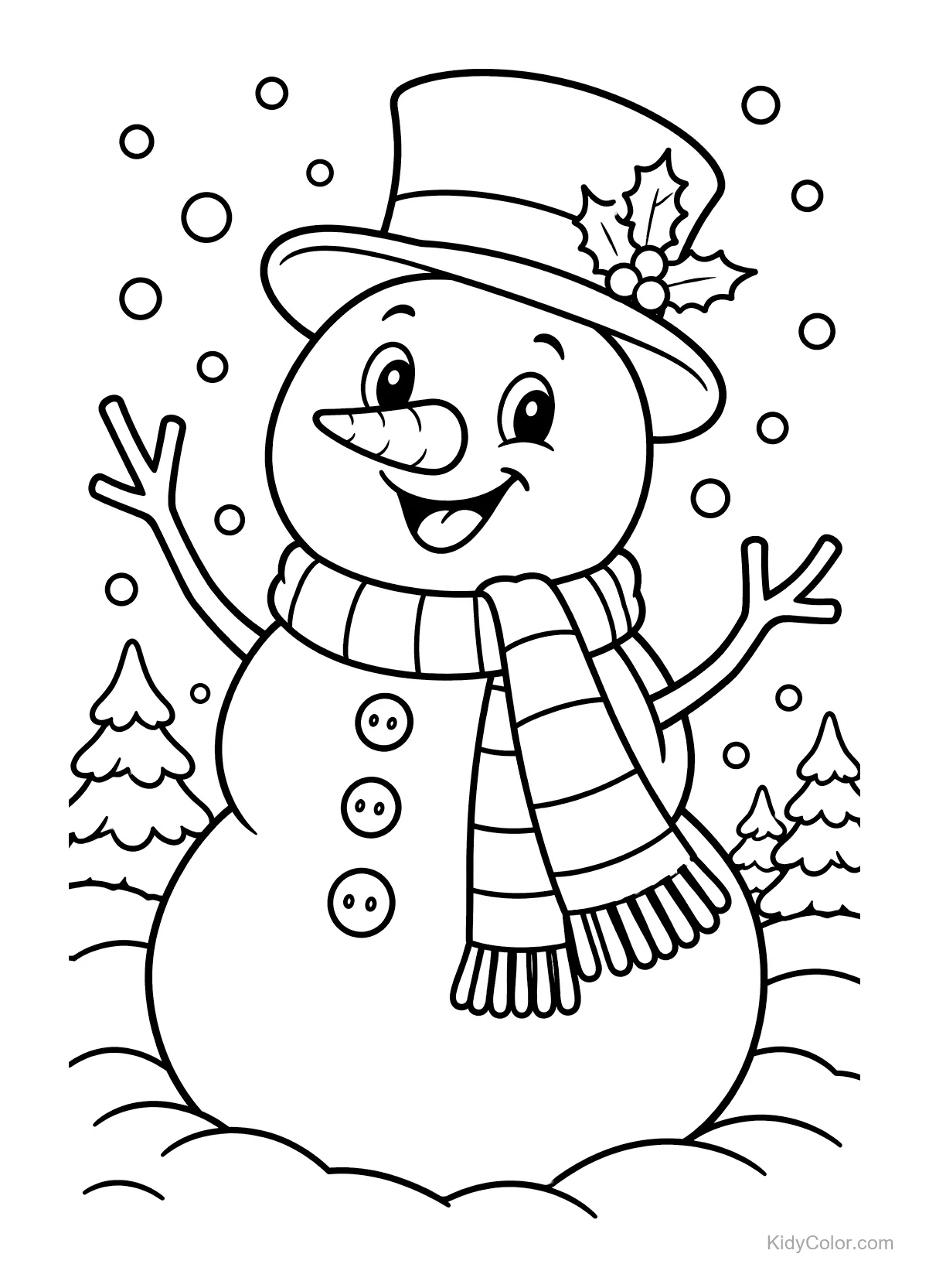 Cheerful snowman with scarf and hat in snowy landscape.