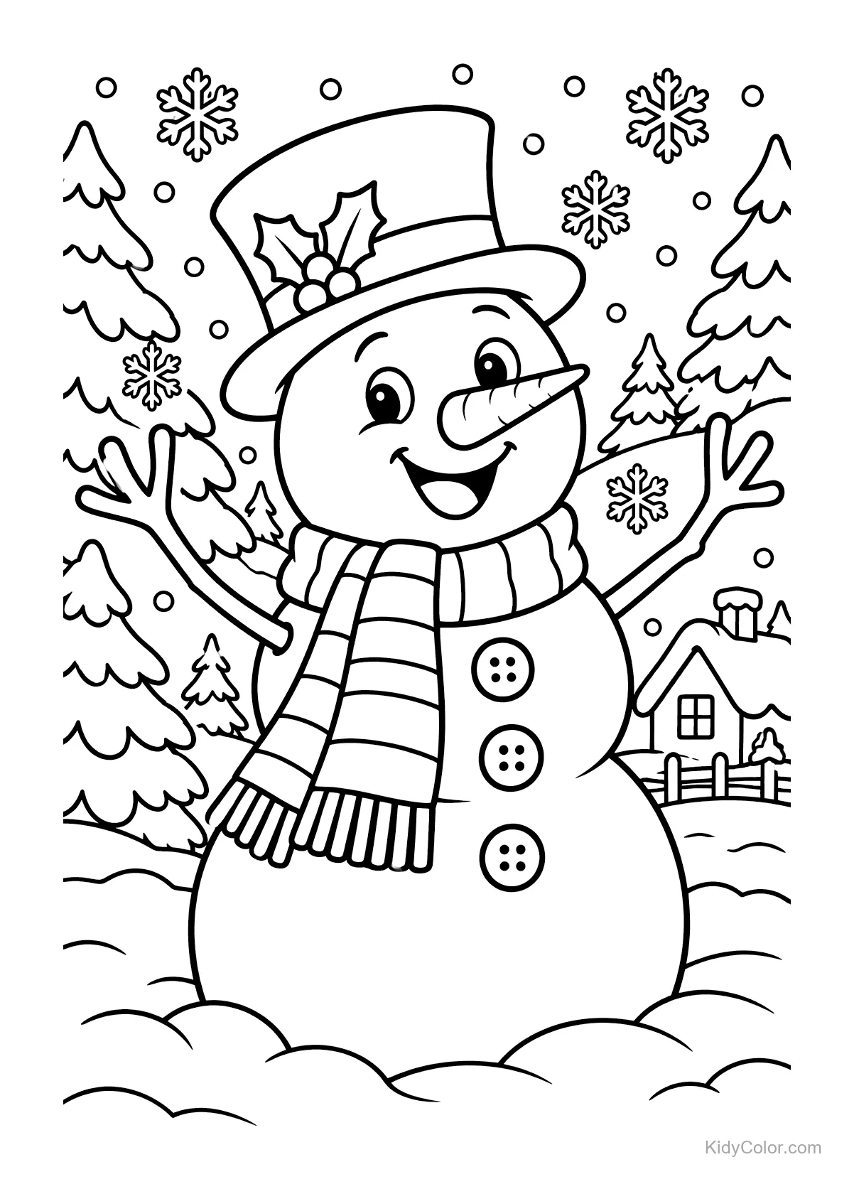 A cheerful snowman with a hat and scarf in the snow.