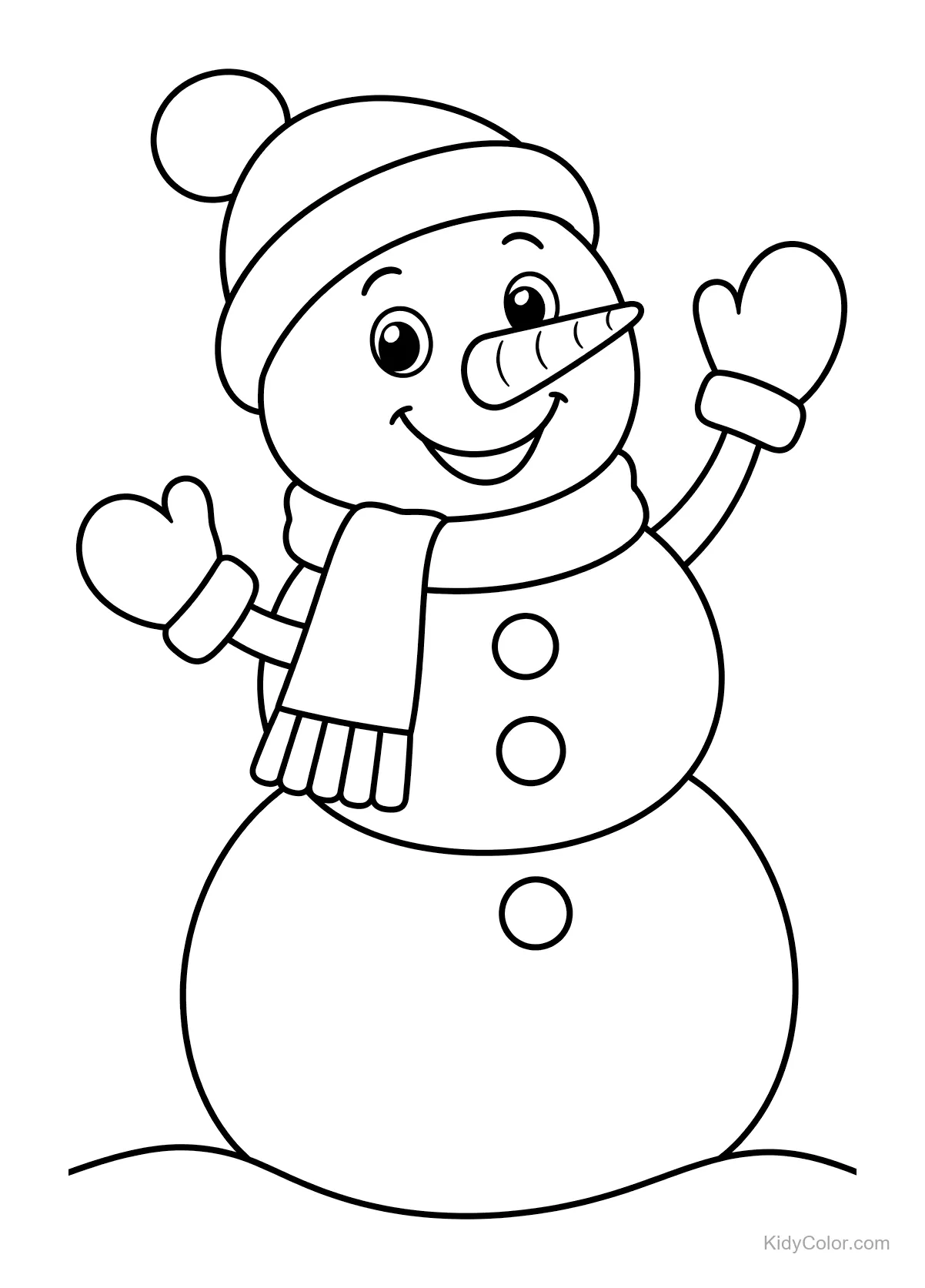Bonhomme de neige souriant avec chapeau et écharpe levant la main.