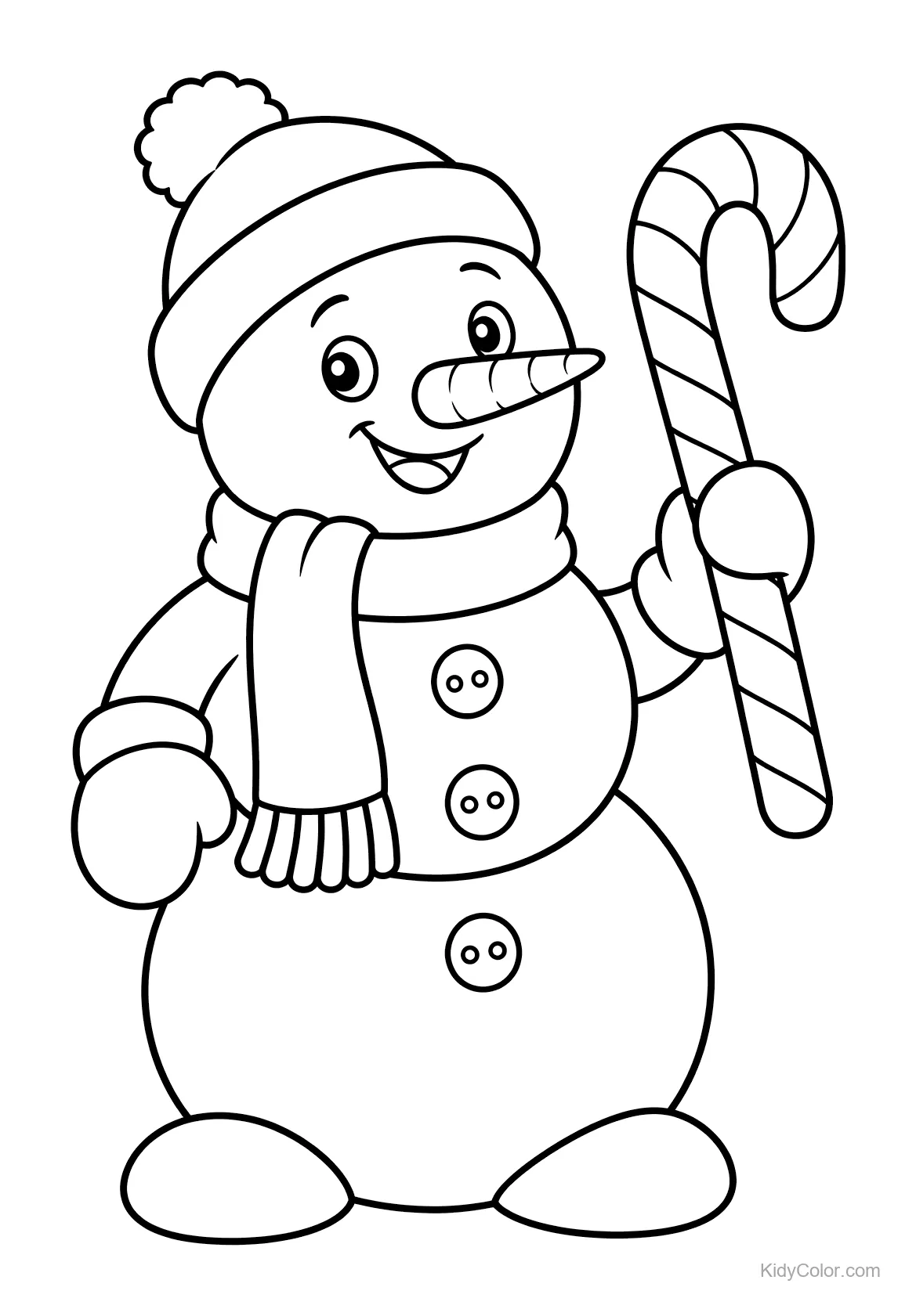 Bonhomme de neige portant un chapeau et une écharpe tenant une canne en sucre.
