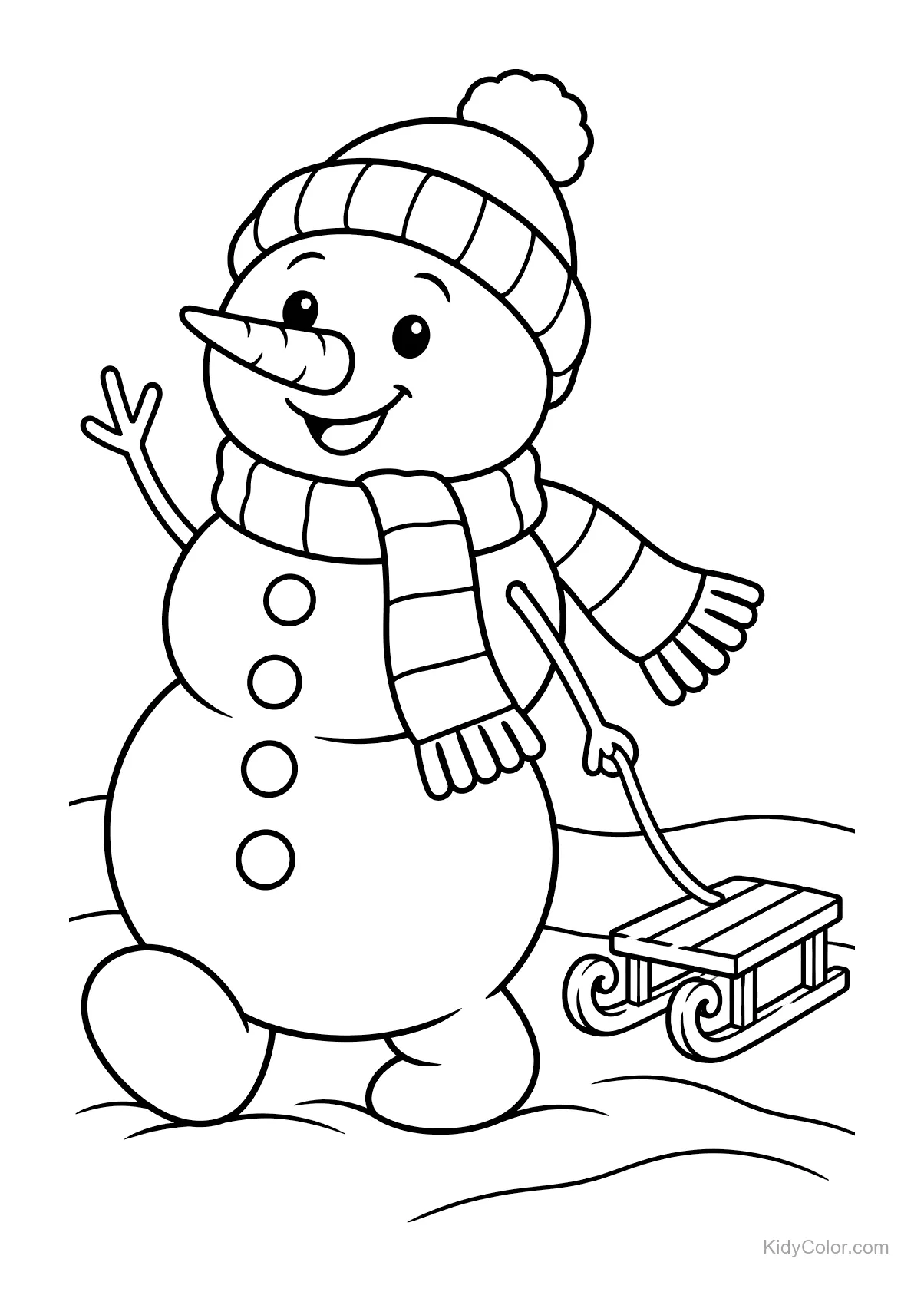 Cheerful snowman with scarf pulling a small sled.