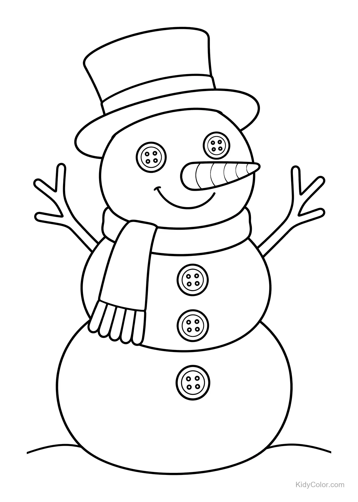 Bonhomme de neige avec chapeau haut de forme, nez carotte et écharpe.