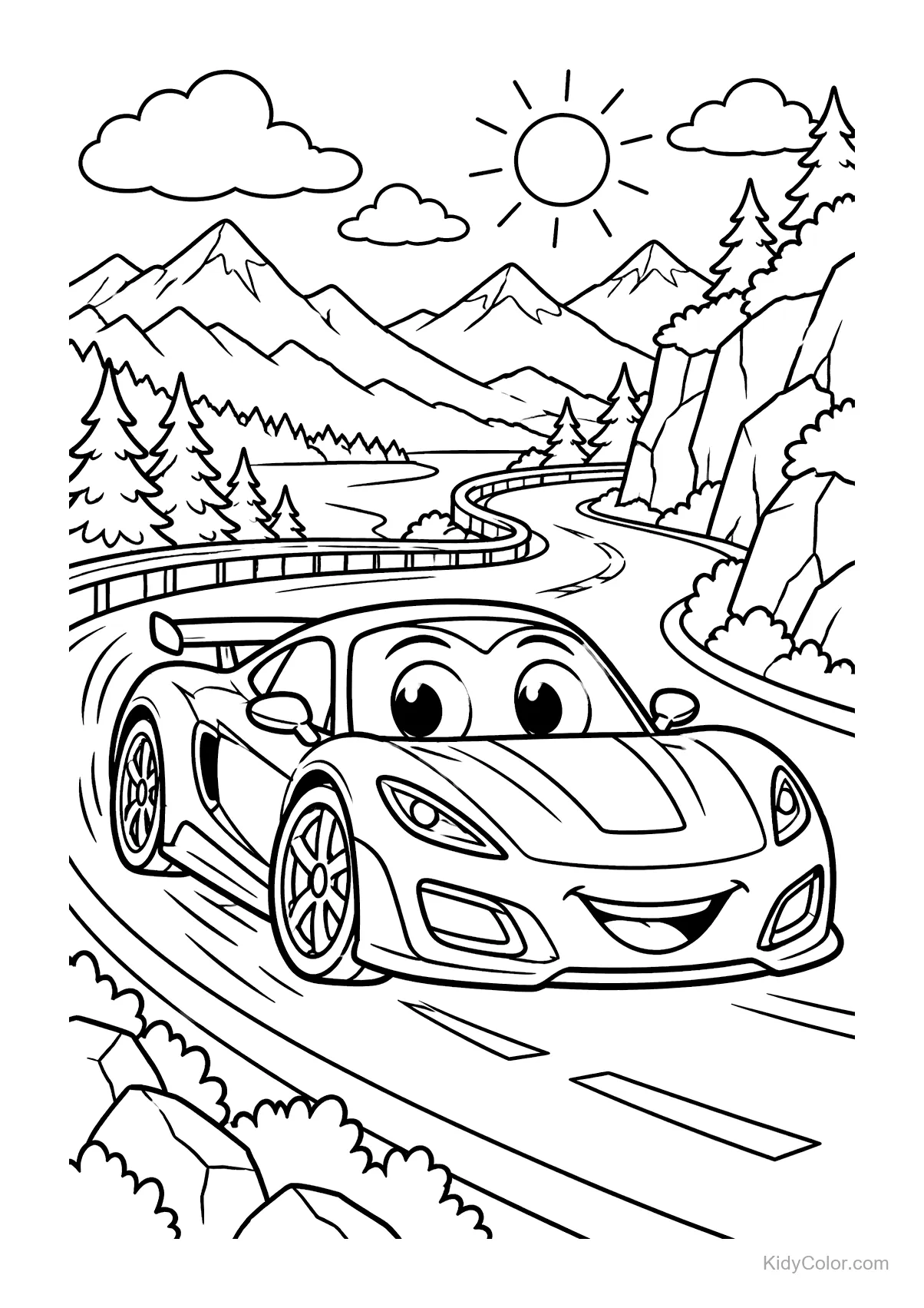 Cheerful sports car driving on a mountain road with a sunny backdrop.