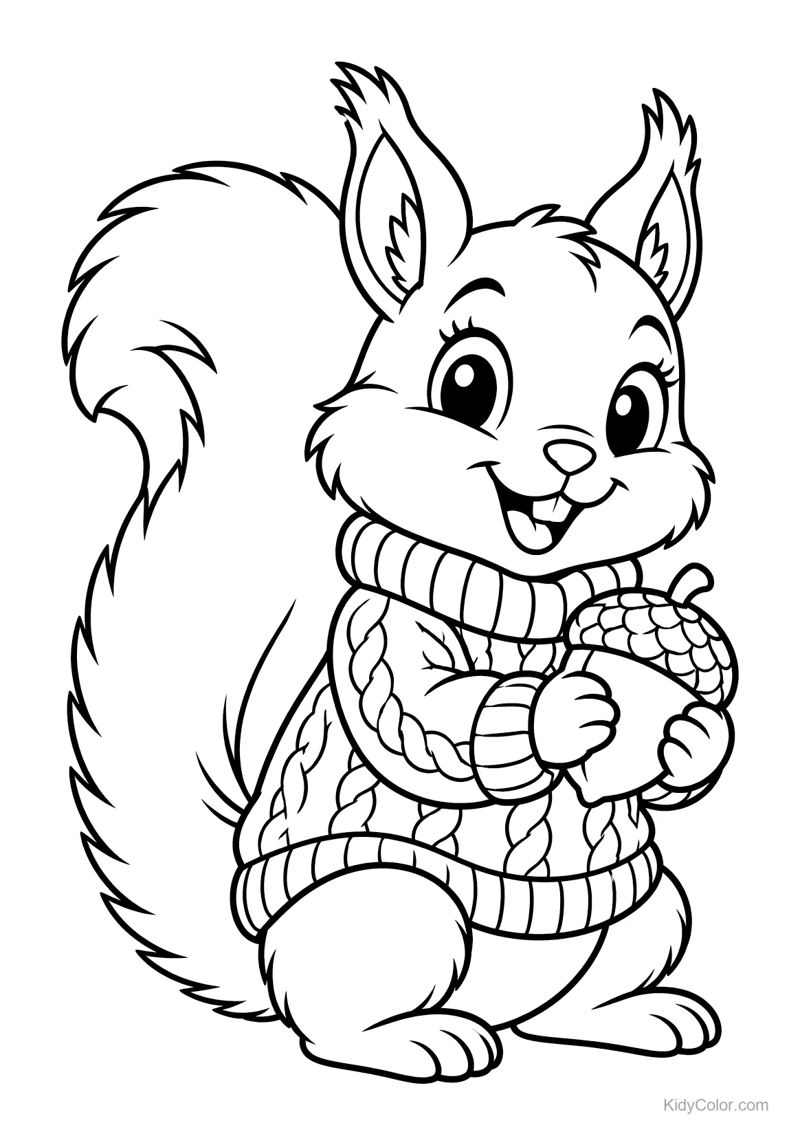 A cheerful squirrel wearing a sweater holds an acorn.