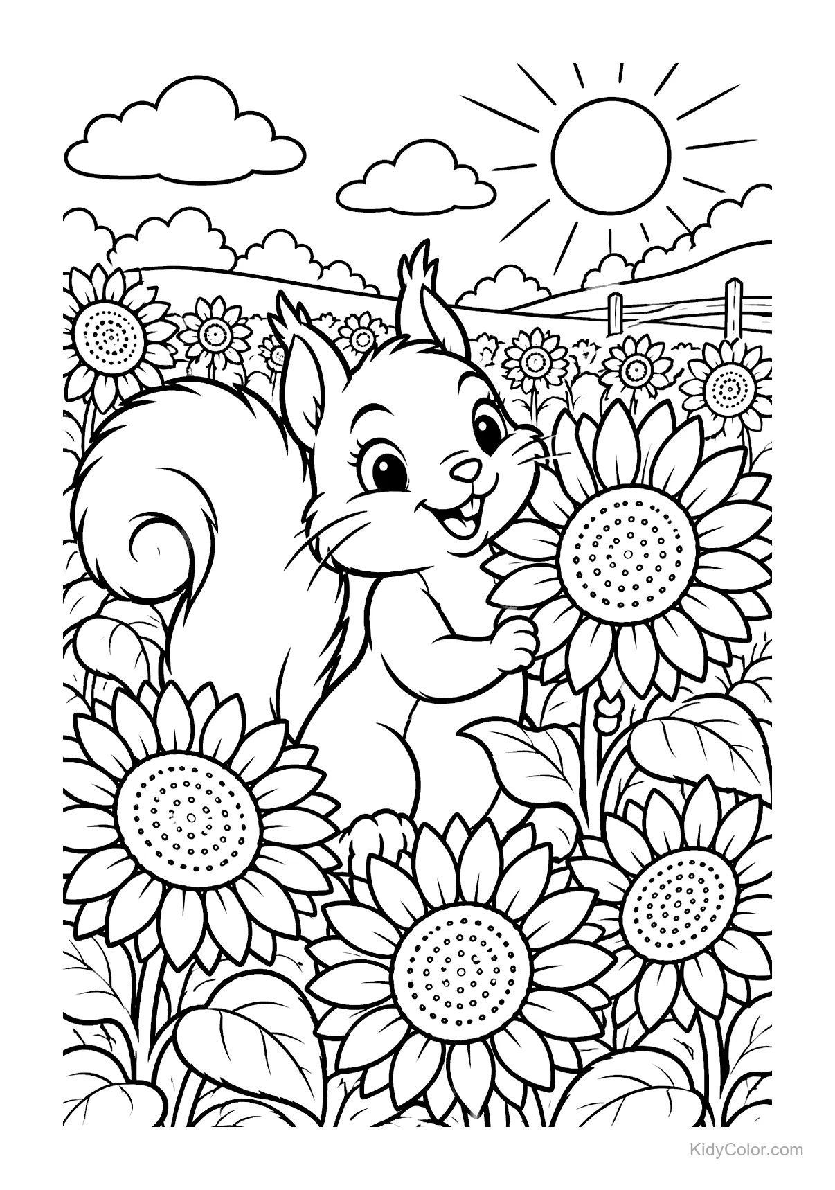 A cheerful squirrel in a sunflower field under the sun.