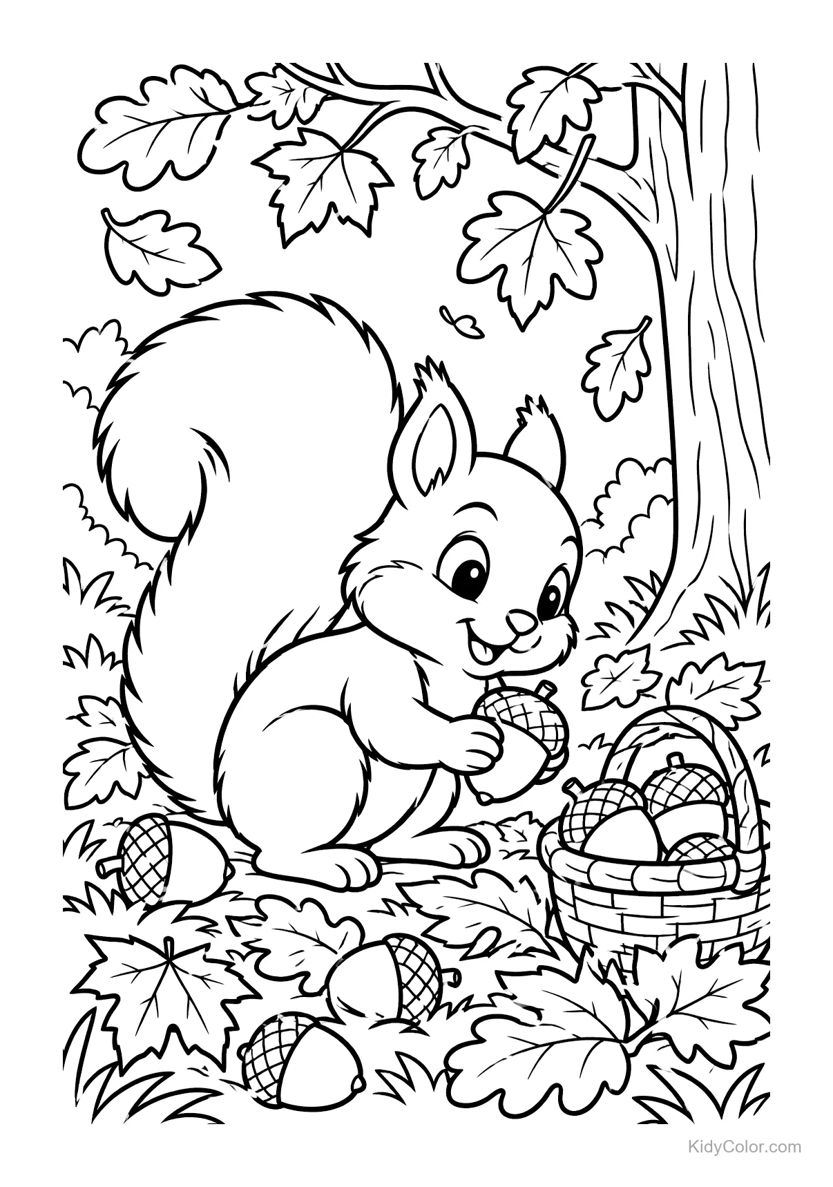 Cheerful squirrel gathering acorns in autumn forest.