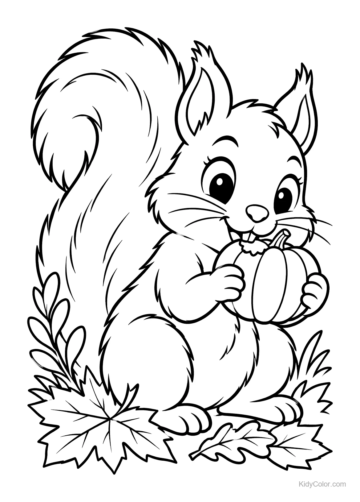 Cheerful squirrel nibbling on a pumpkin surrounded by leaves.