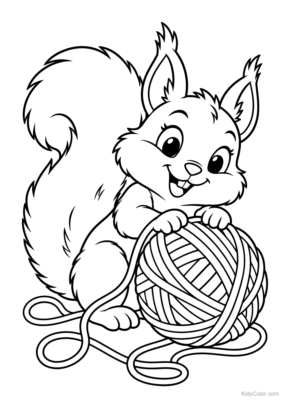 Ein fröhliches Eichhörnchen mit einem Wollknäuel und buschigem Schwanz.