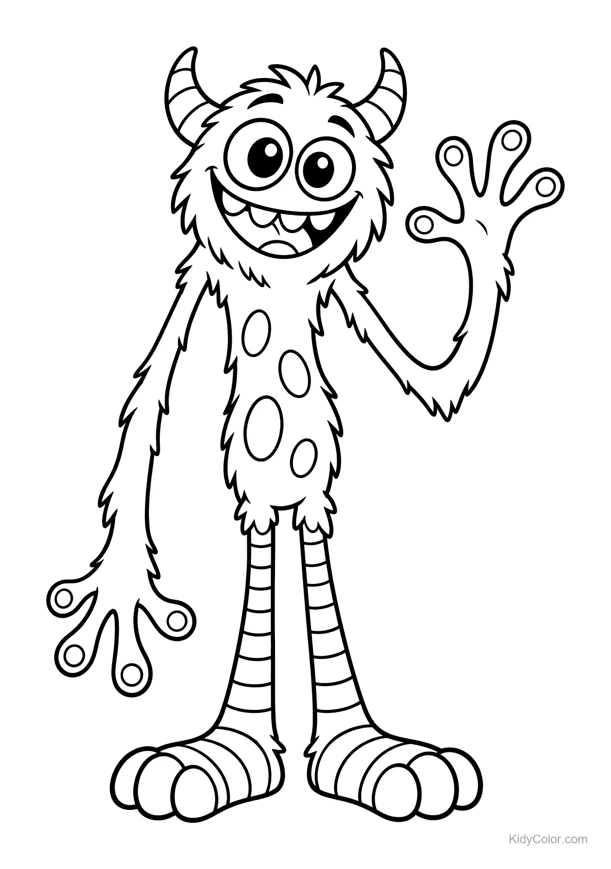 A cheerful monster with stripes, horns, and a waving hand.