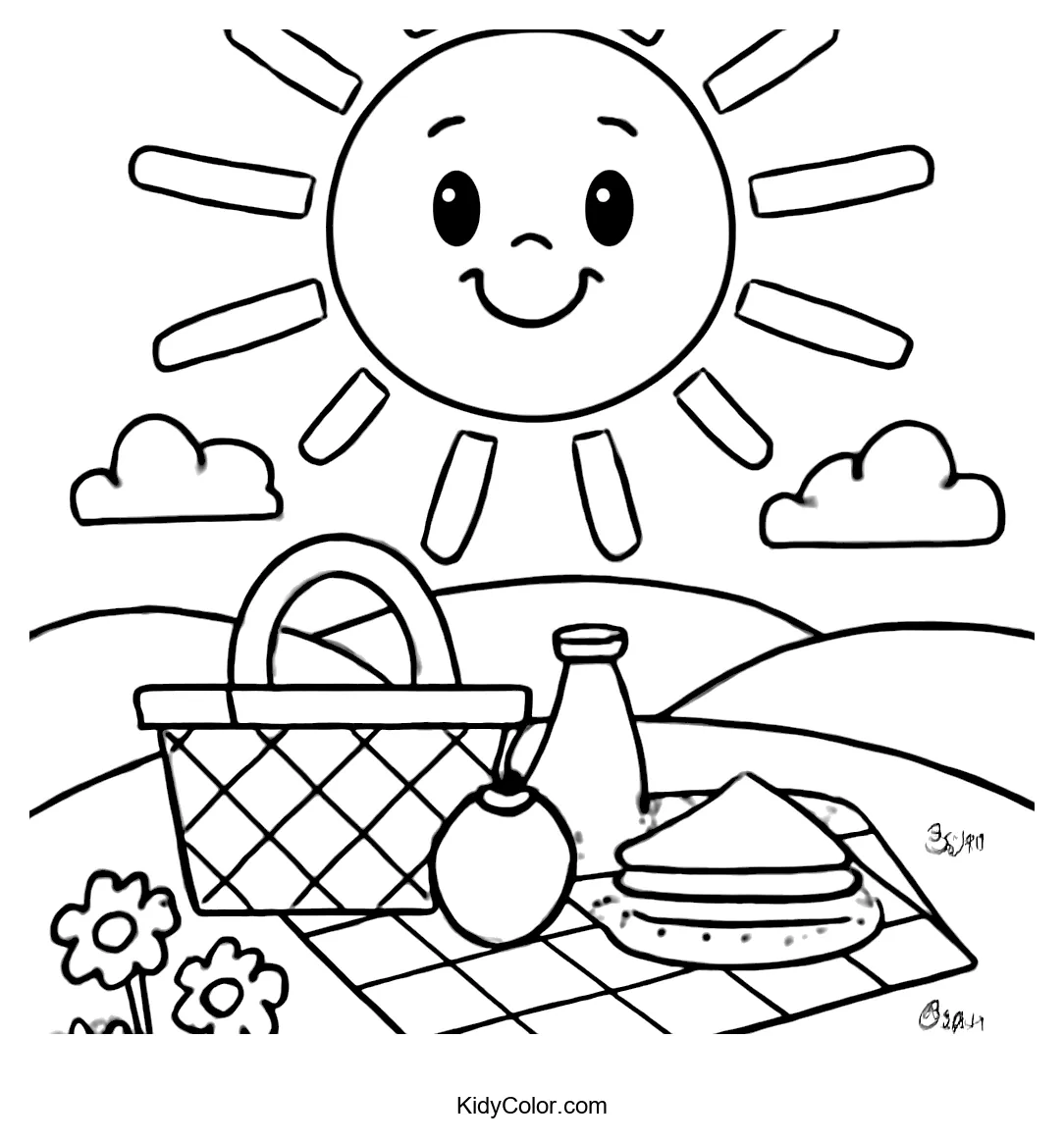 Cheerful sun with radiant circle rays shining over a picnic setup.
