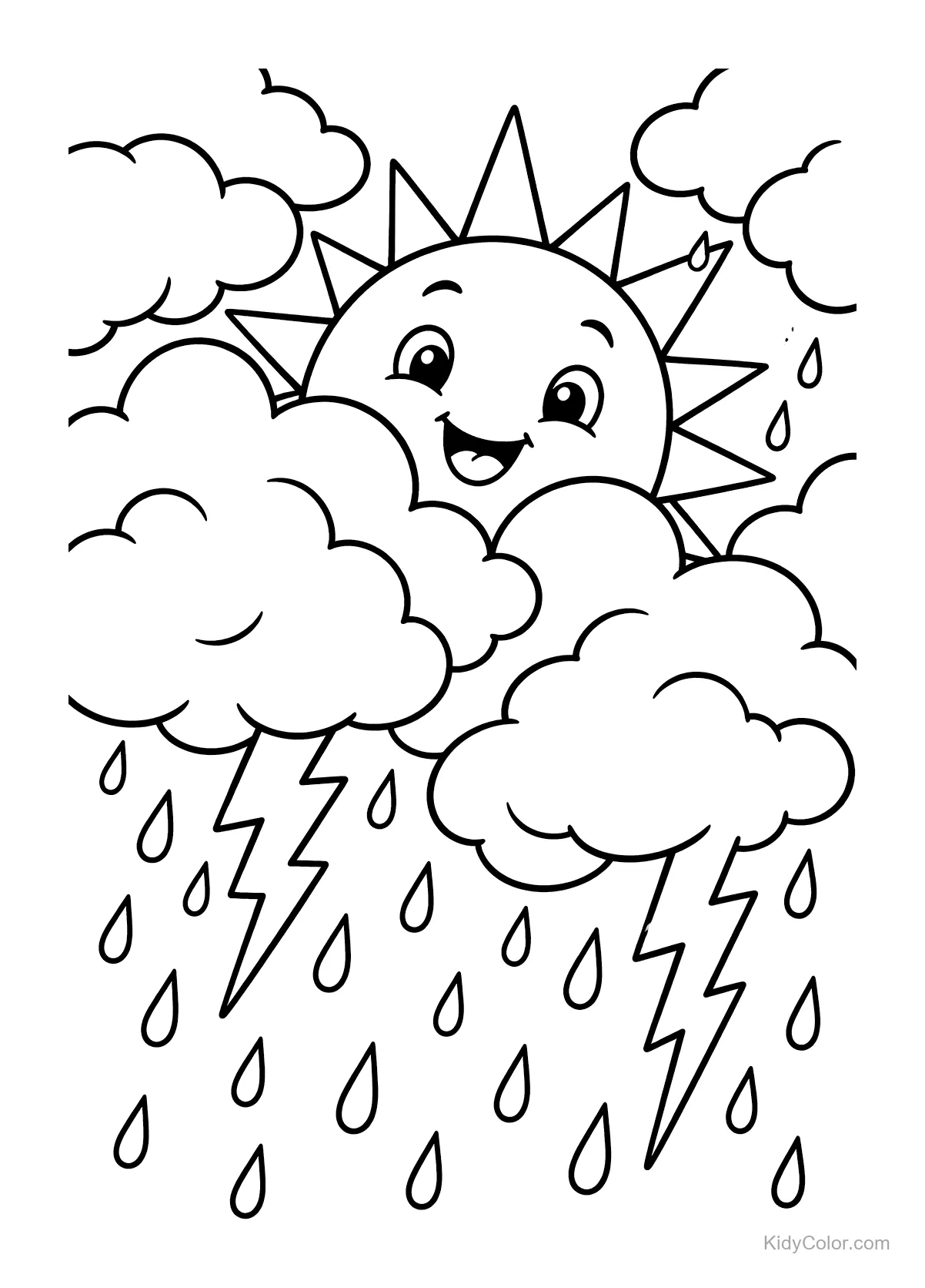 Cheerful sun smiling behind stormy clouds with raindrops and lightning.