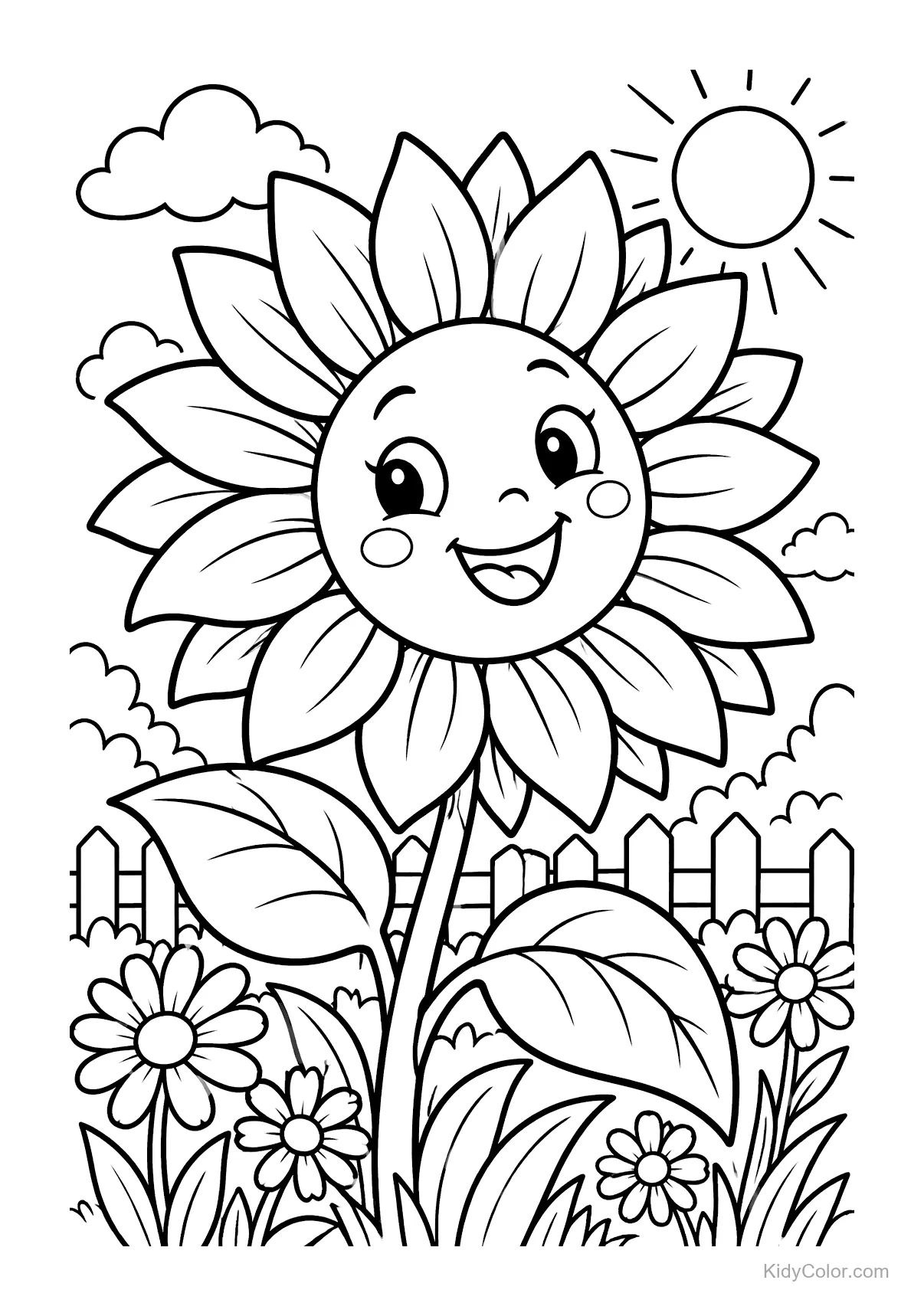 A cheerful sunflower with a smiling face surrounded by smaller flowers and a picket fence.