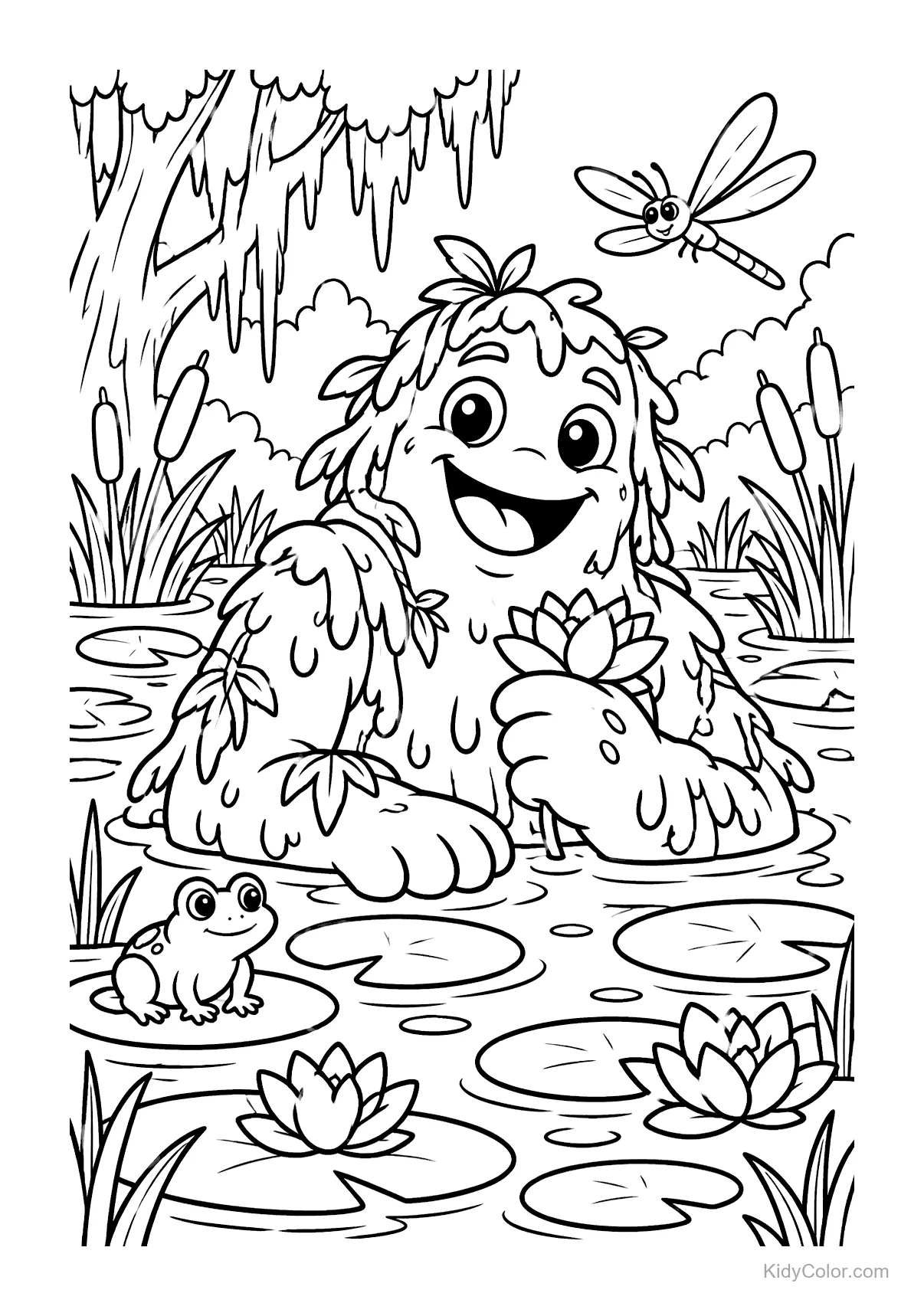 Friendly swamp monster smiling with a frog and dragonfly by a pond.