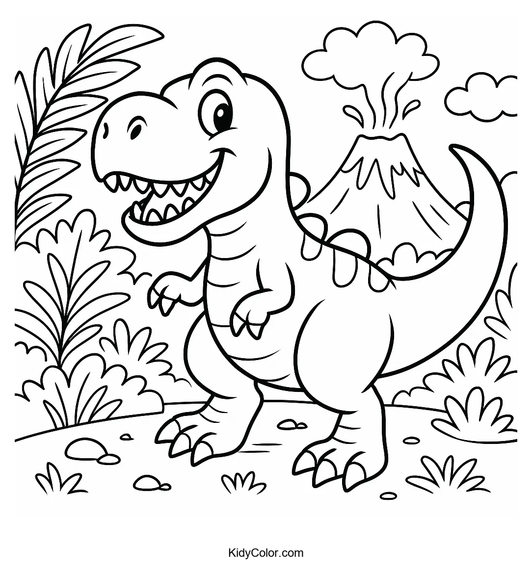 Cheerful T-Rex in prehistoric jungle coloring page