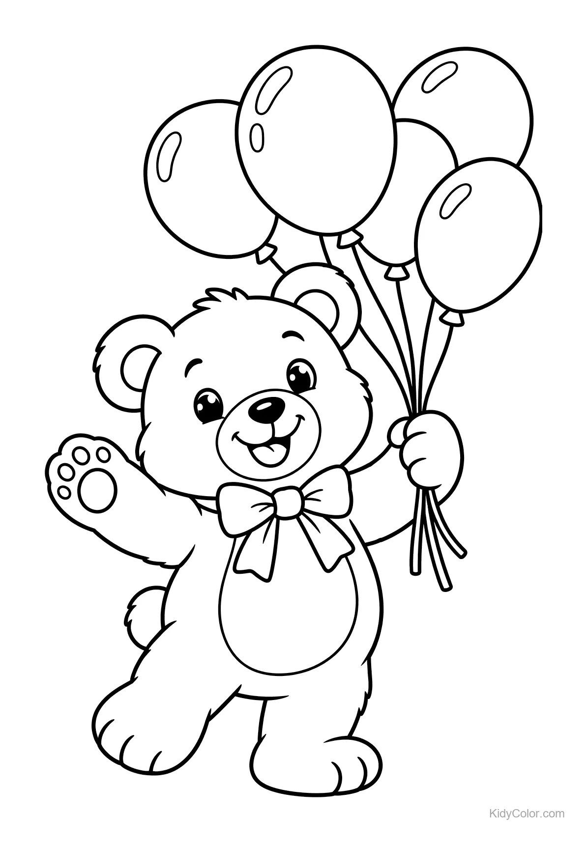 Teddy bear waving with a bow, holding balloons.