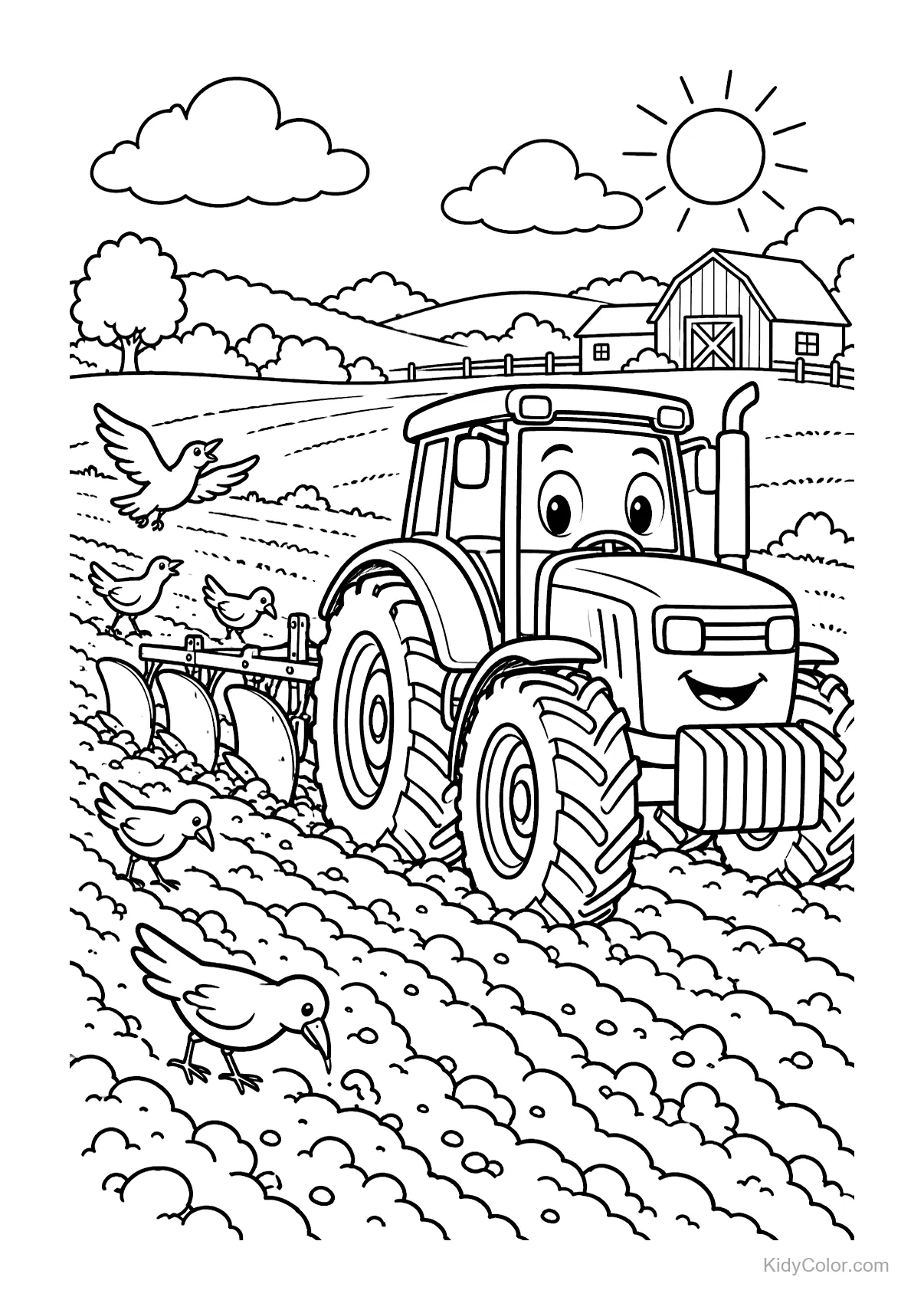 A cheerful tractor plows fields with birds and a farm background.