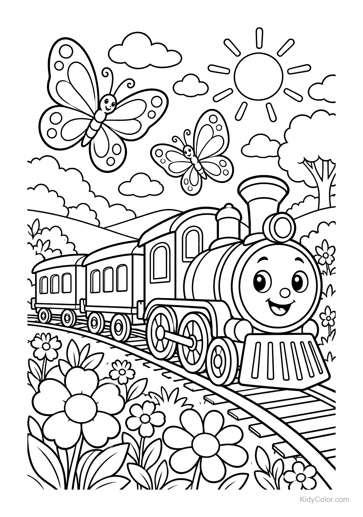 Tren de vapor sonriente con mariposas y flores bajo un cielo soleado.