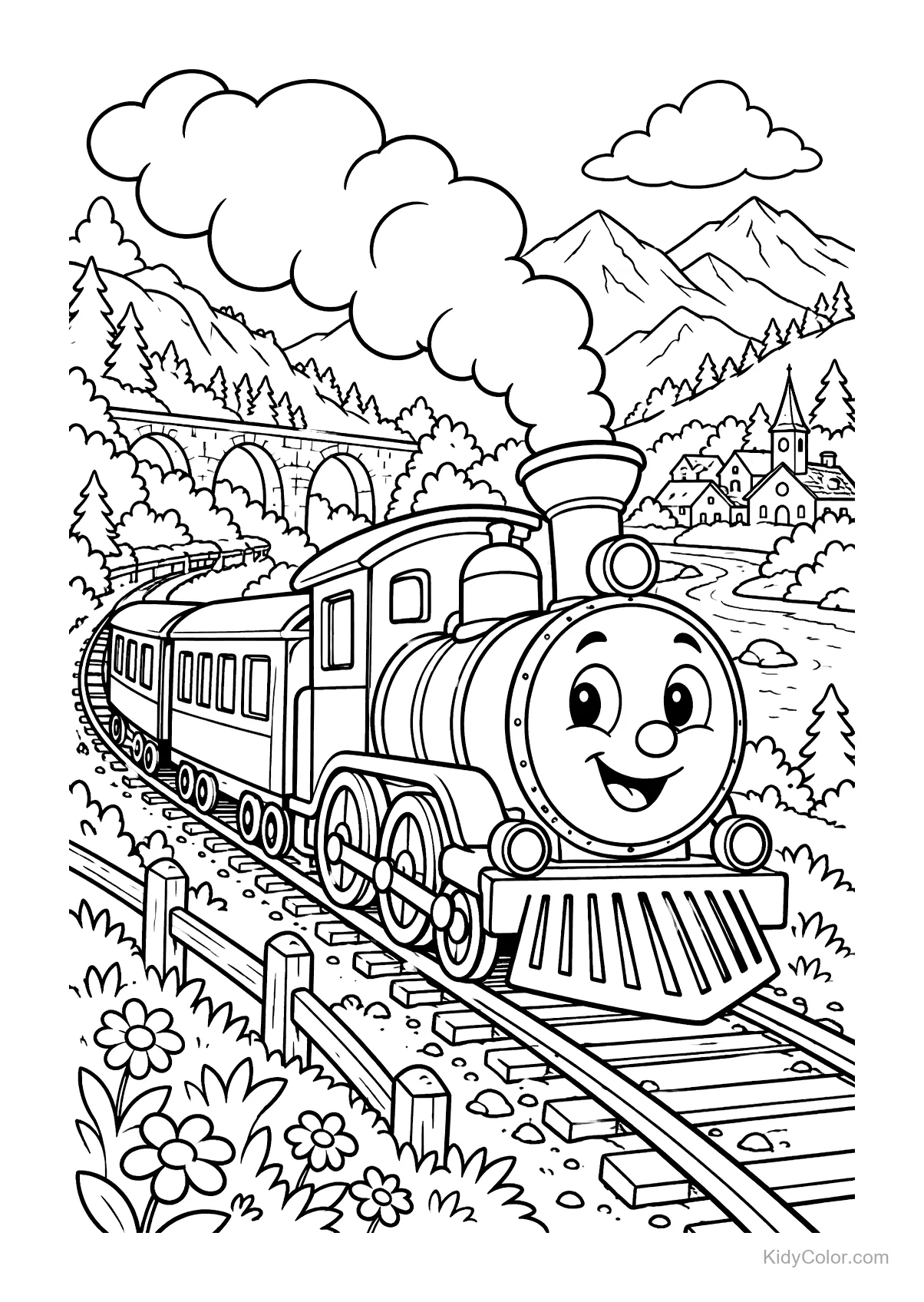 A cheerful train travels through a mountain valley with a bridge and village in the background.