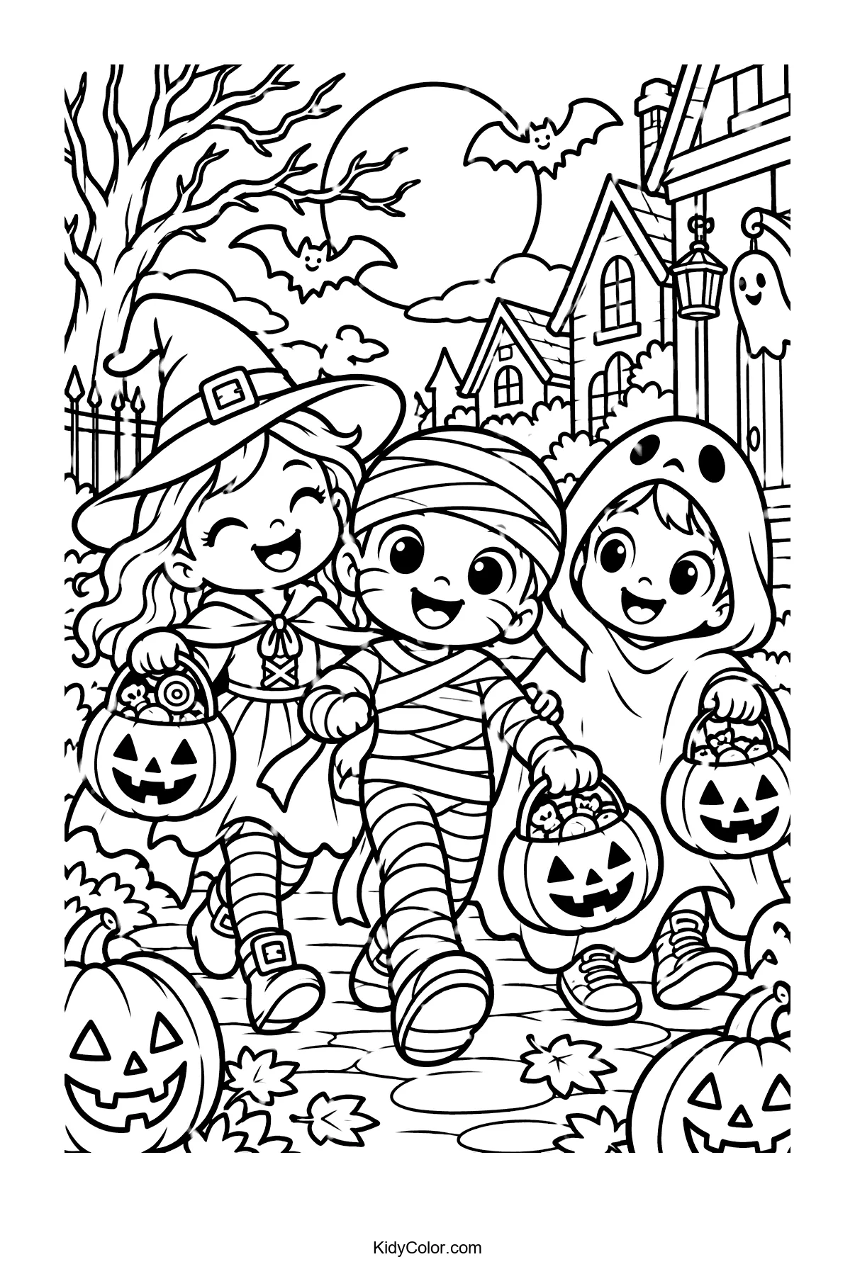 Trick-or-treaters dressed as a witch, mummy, and ghost holding pumpkin buckets.