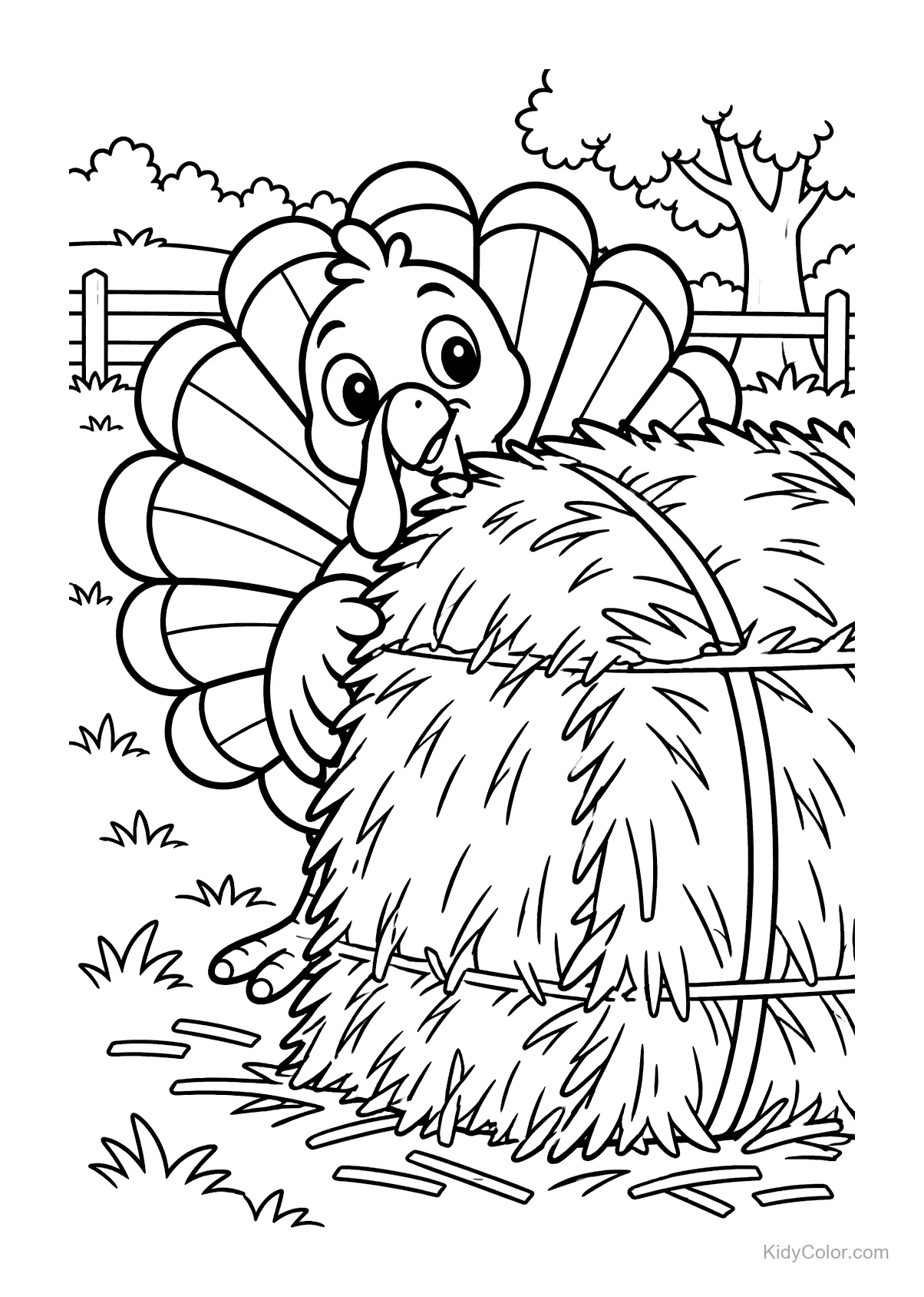 Cheerful turkey peeking over a hay bale with a fence in the background.