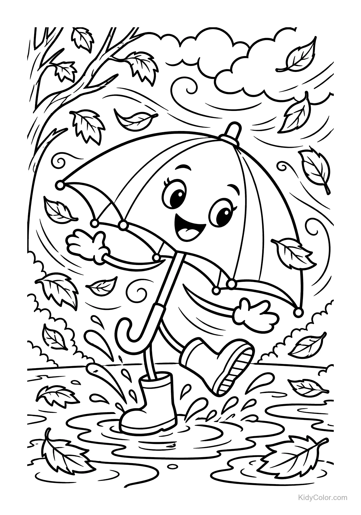 A cheerful umbrella with a face dances in the autumn wind with surrounding leaves.