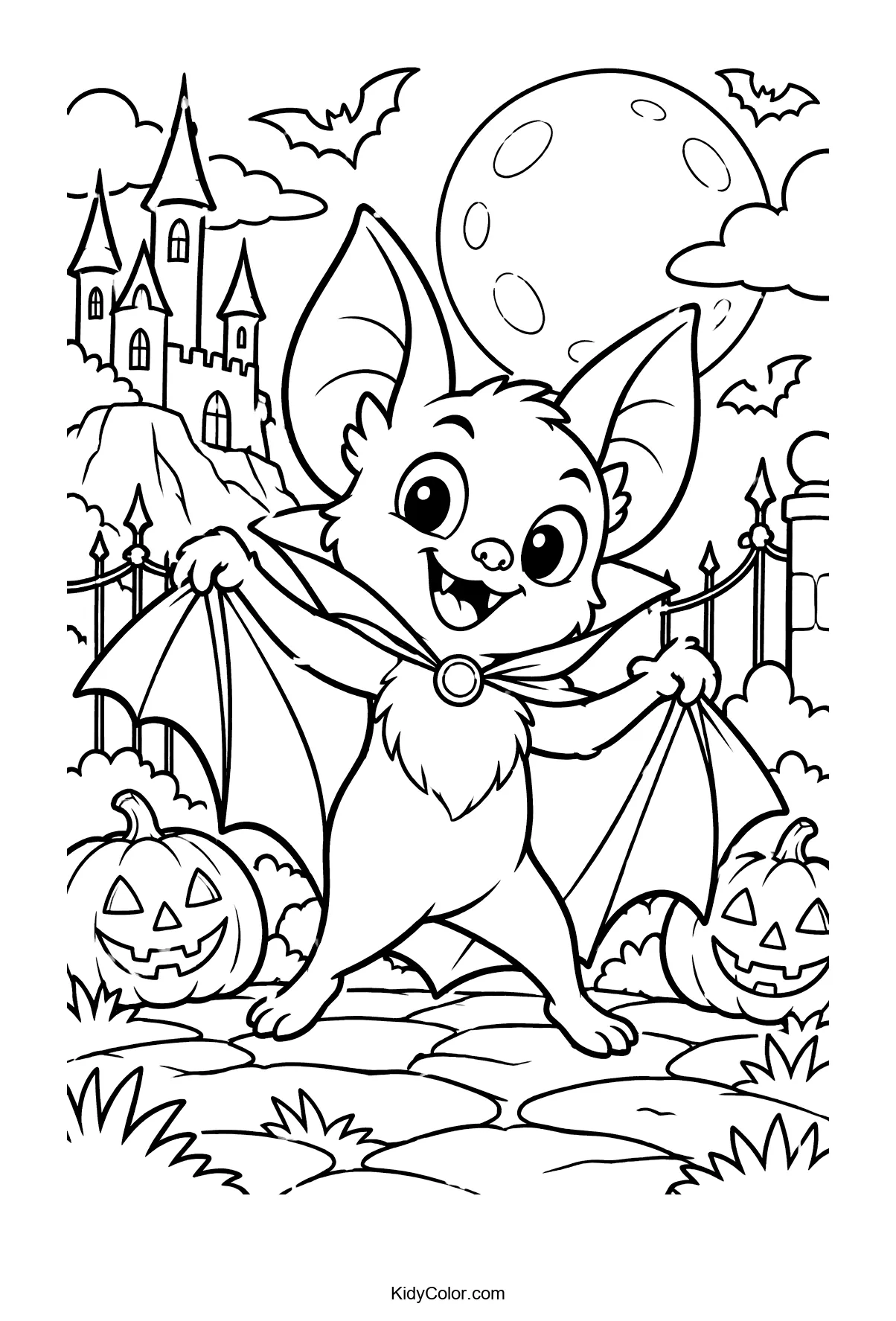 Cheerful vampire bat with pumpkins and castle in Halloween scene.