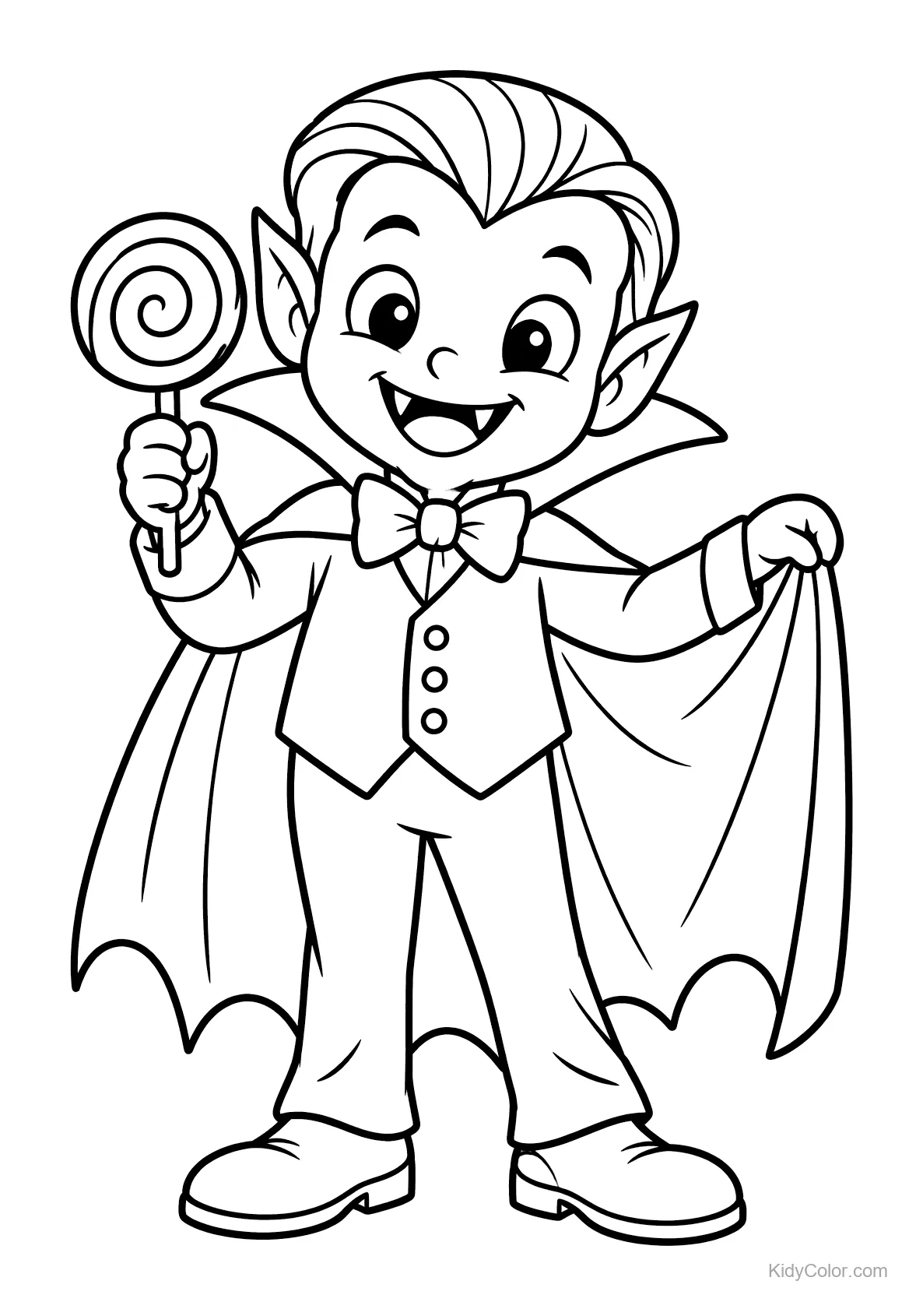 Cheerful vampire boy holding a lollipop and wearing a cape.