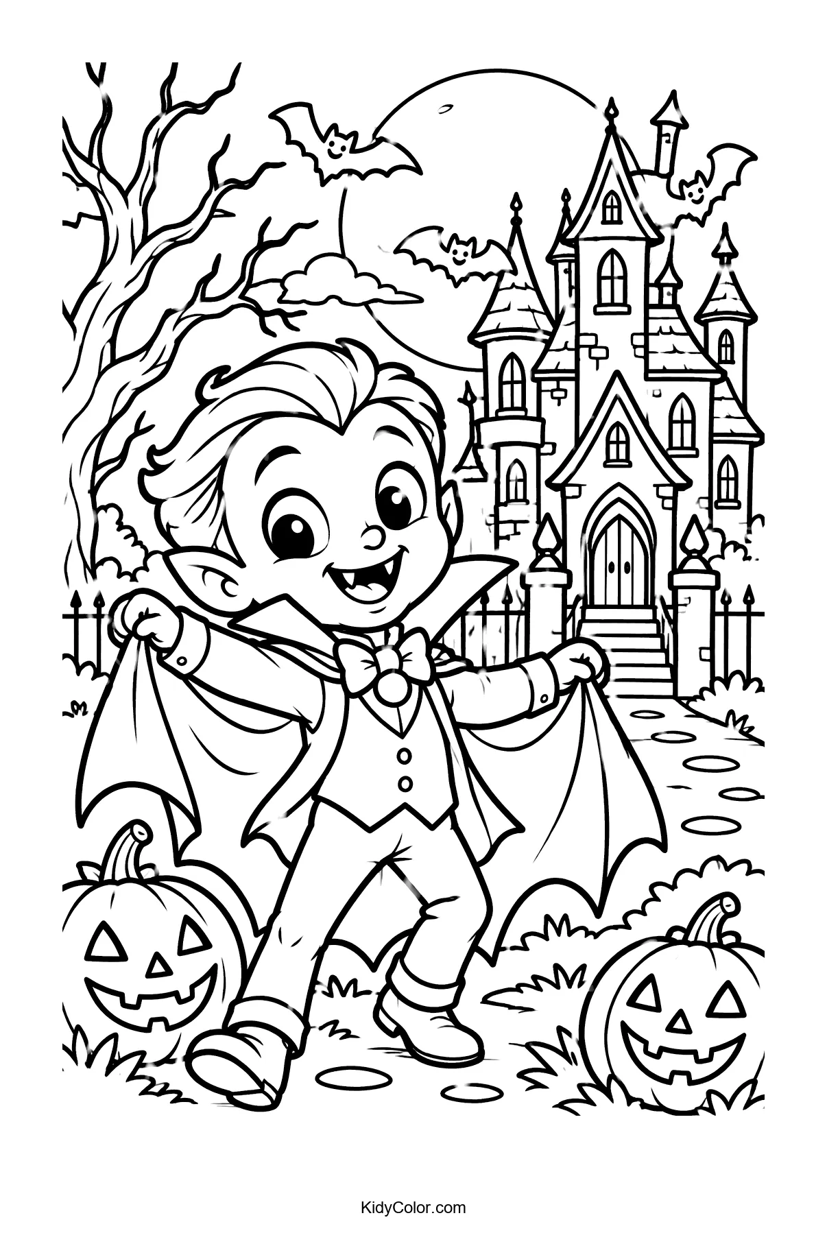 Cheerful vampire with jack-o'-lanterns near a haunted mansion.