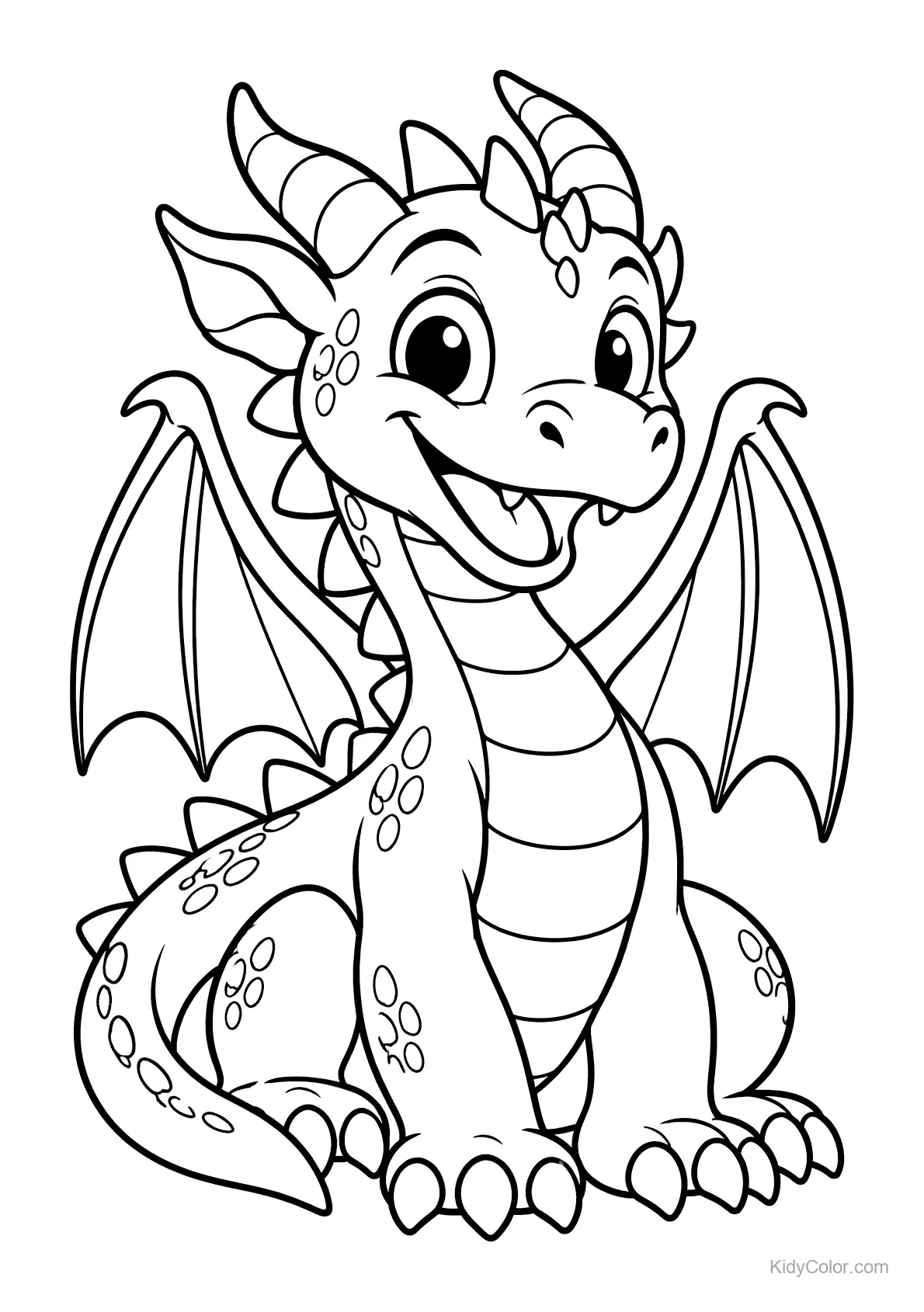 Dragão alegre com asas sentado e sorrindo.