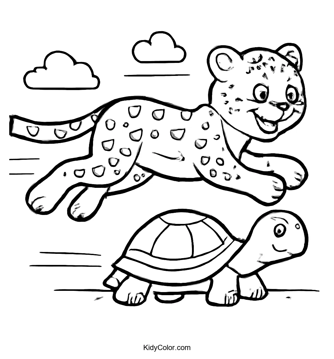 A cheetah racing past a slow-moving tortoise.