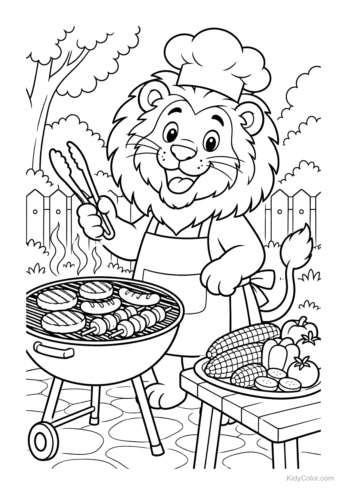 Lion avec toque et tablier cuisinant au barbecue.