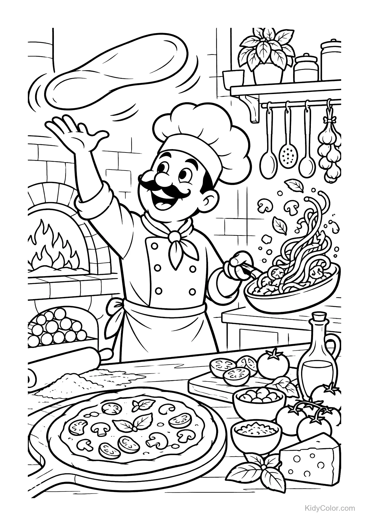 Chef tossing pizza dough and cooking in a kitchen.