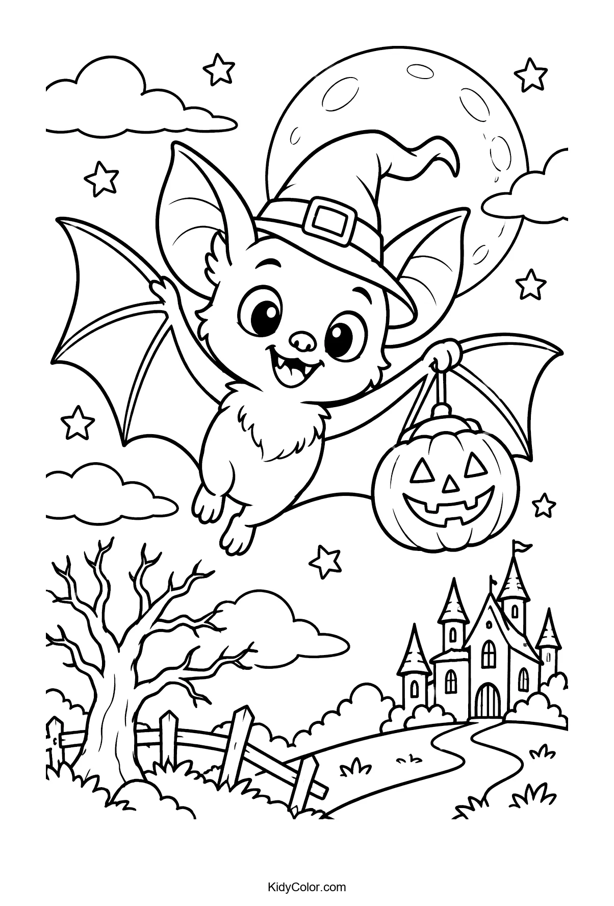 Chibi bat flying with a pumpkin lantern under the moon.