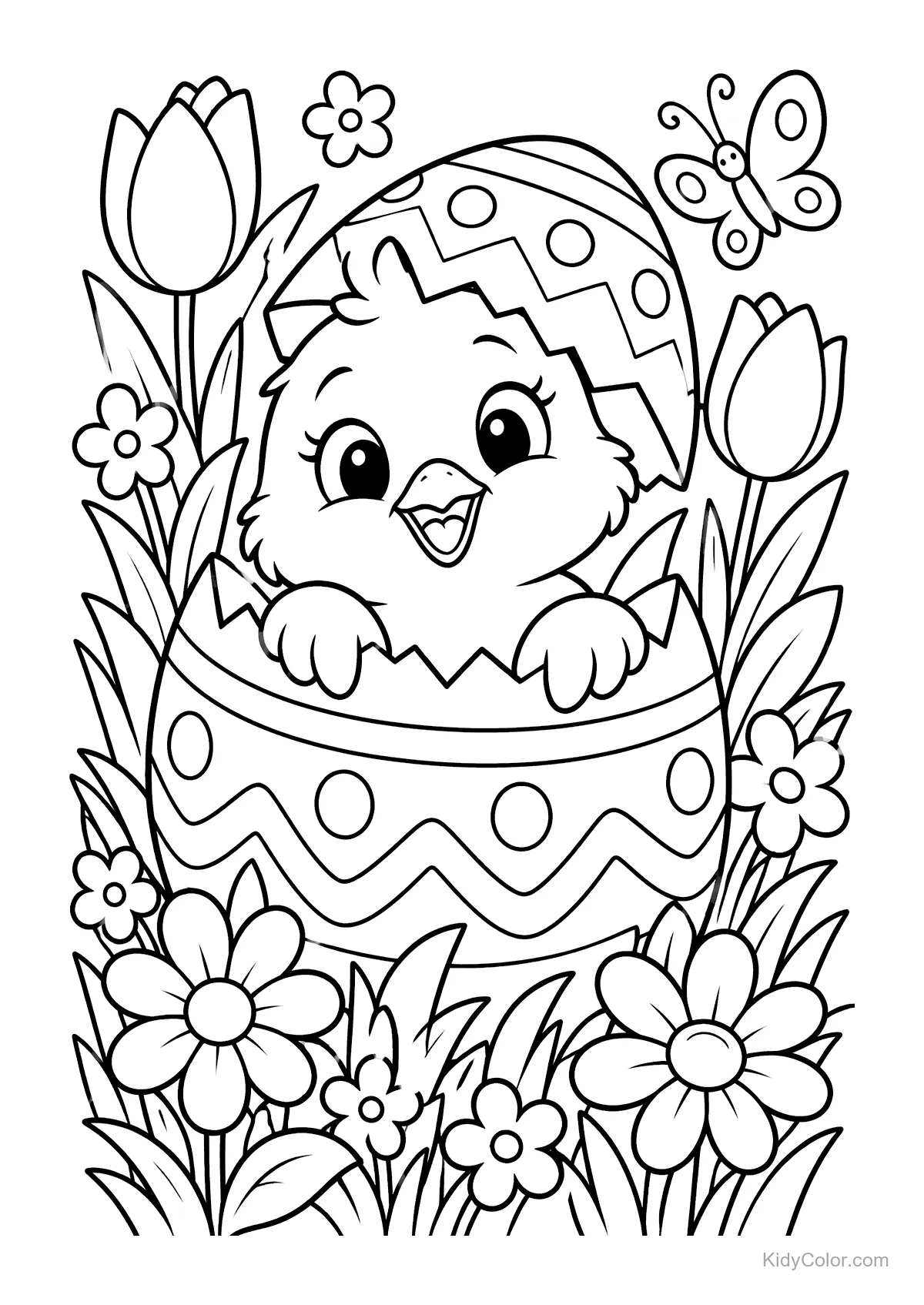 Chick in decorated Easter egg with flowers and butterfly.
