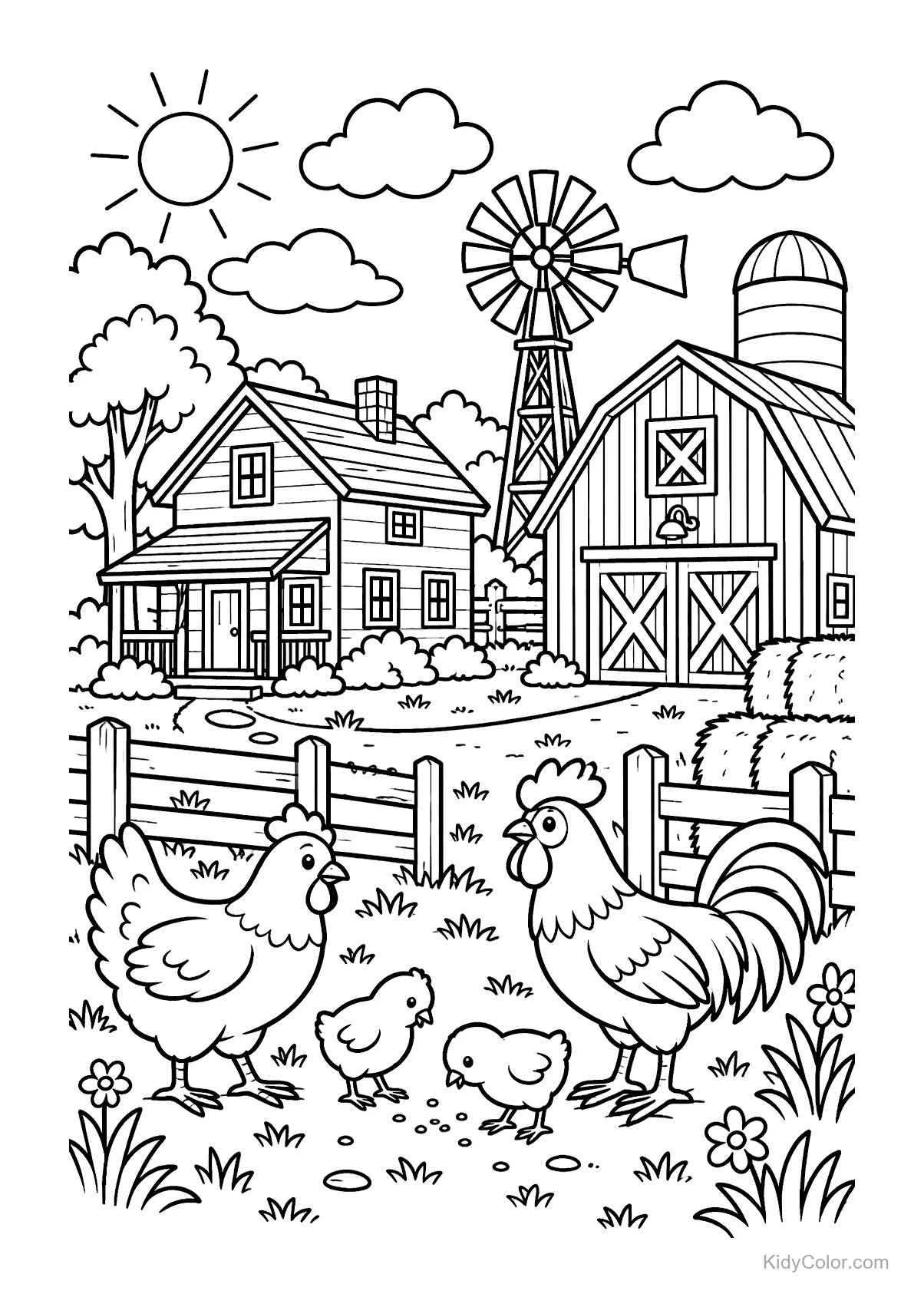 Chickens and chicks in a farmyard with a barn and windmill.
