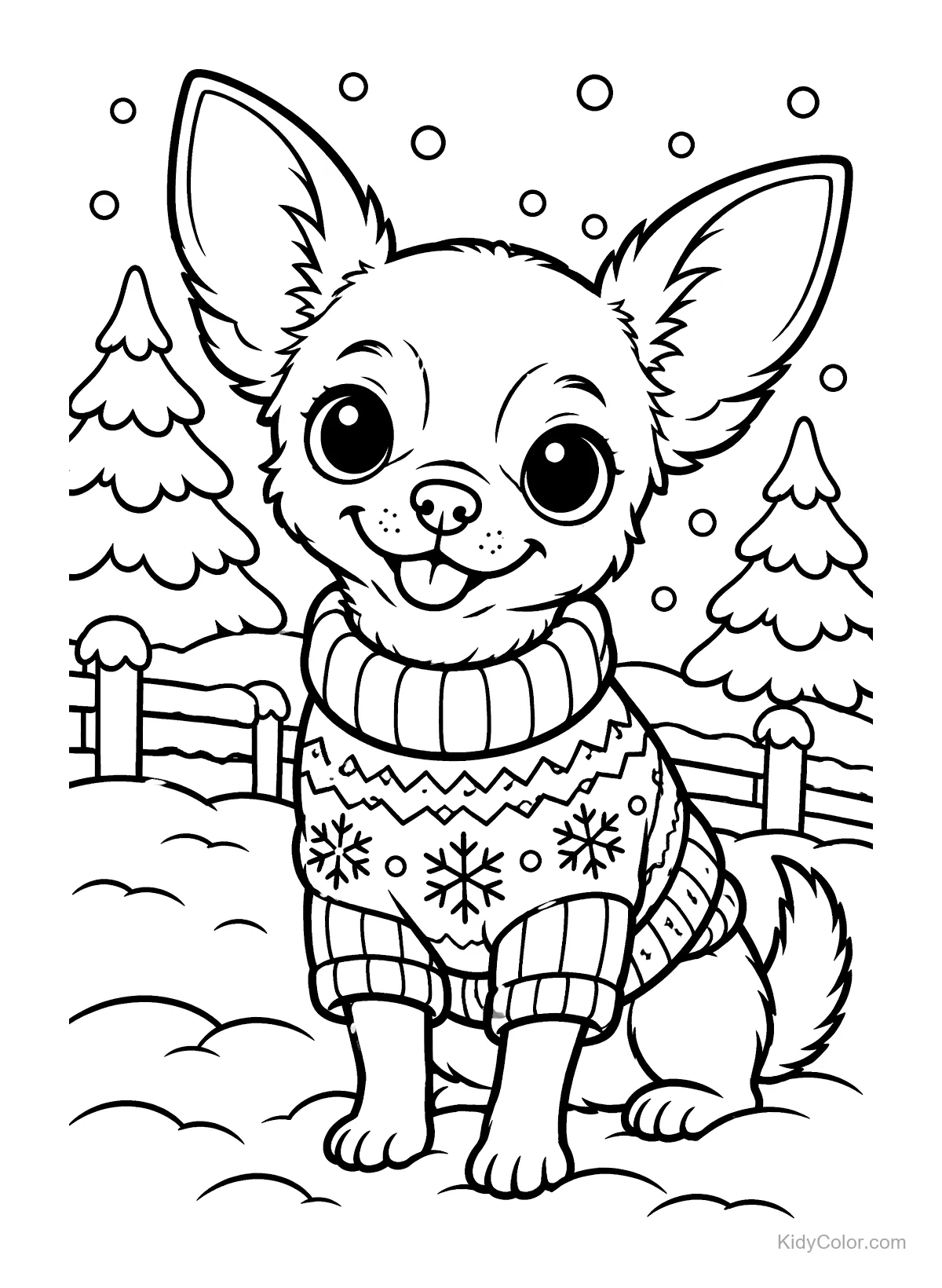 A chihuahua in a snowy landscape, wearing a patterned sweater.